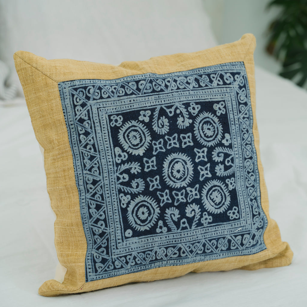 Hmong Mustard Yellow Batik Pillow Cover - Hand-Drawn Beeswax Brocade - One-of-a-Kind Hill Tribe Artisan Cushion