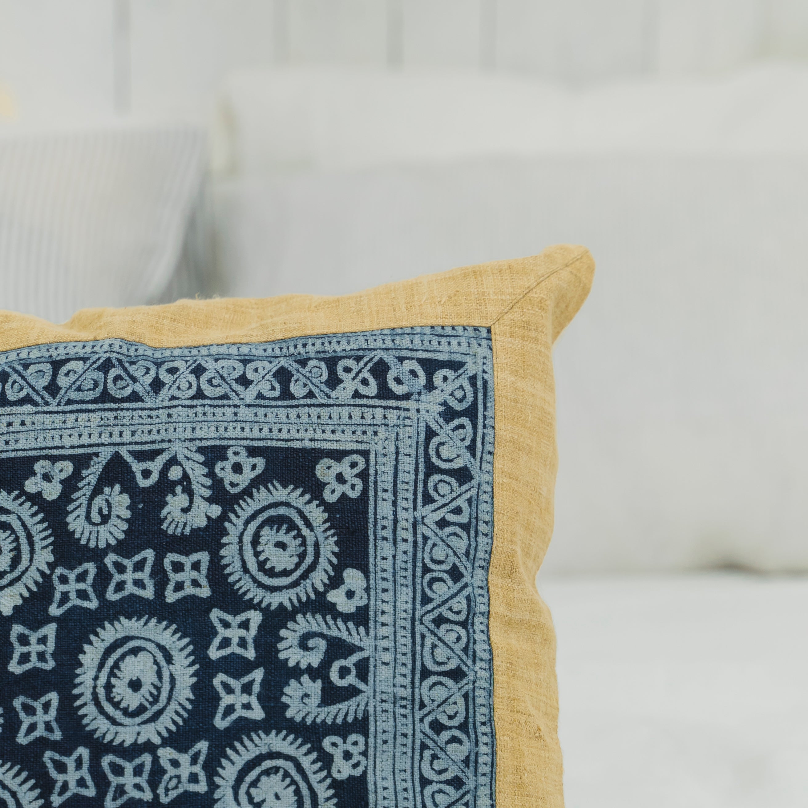Hmong Mustard Yellow Batik Pillow Cover - Hand-Drawn Beeswax Brocade - One-of-a-Kind Hill Tribe Artisan Cushion