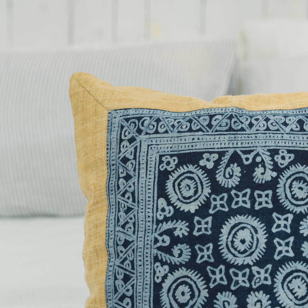 Hmong Mustard Yellow Batik Pillow Cover - Hand-Drawn Beeswax Brocade - One-of-a-Kind Hill Tribe Artisan Cushion