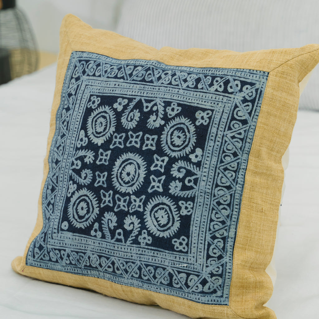 Hmong Mustard Yellow Batik Pillow Cover - Hand-Drawn Beeswax Brocade - One-of-a-Kind Hill Tribe Artisan Cushion