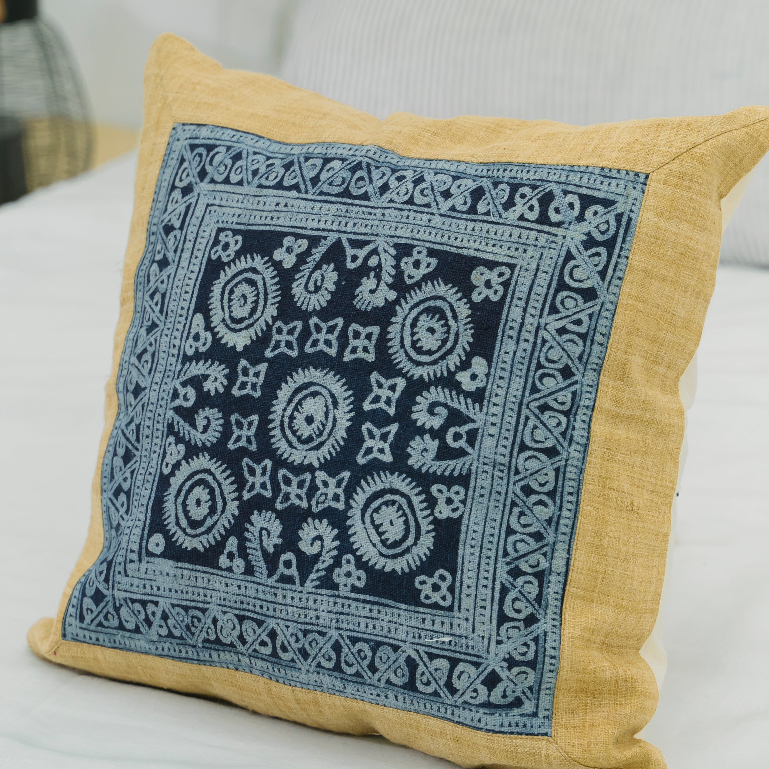 Hmong Mustard Yellow Batik Pillow Cover - Hand-Drawn Beeswax Brocade - One-of-a-Kind Hill Tribe Artisan Cushion
