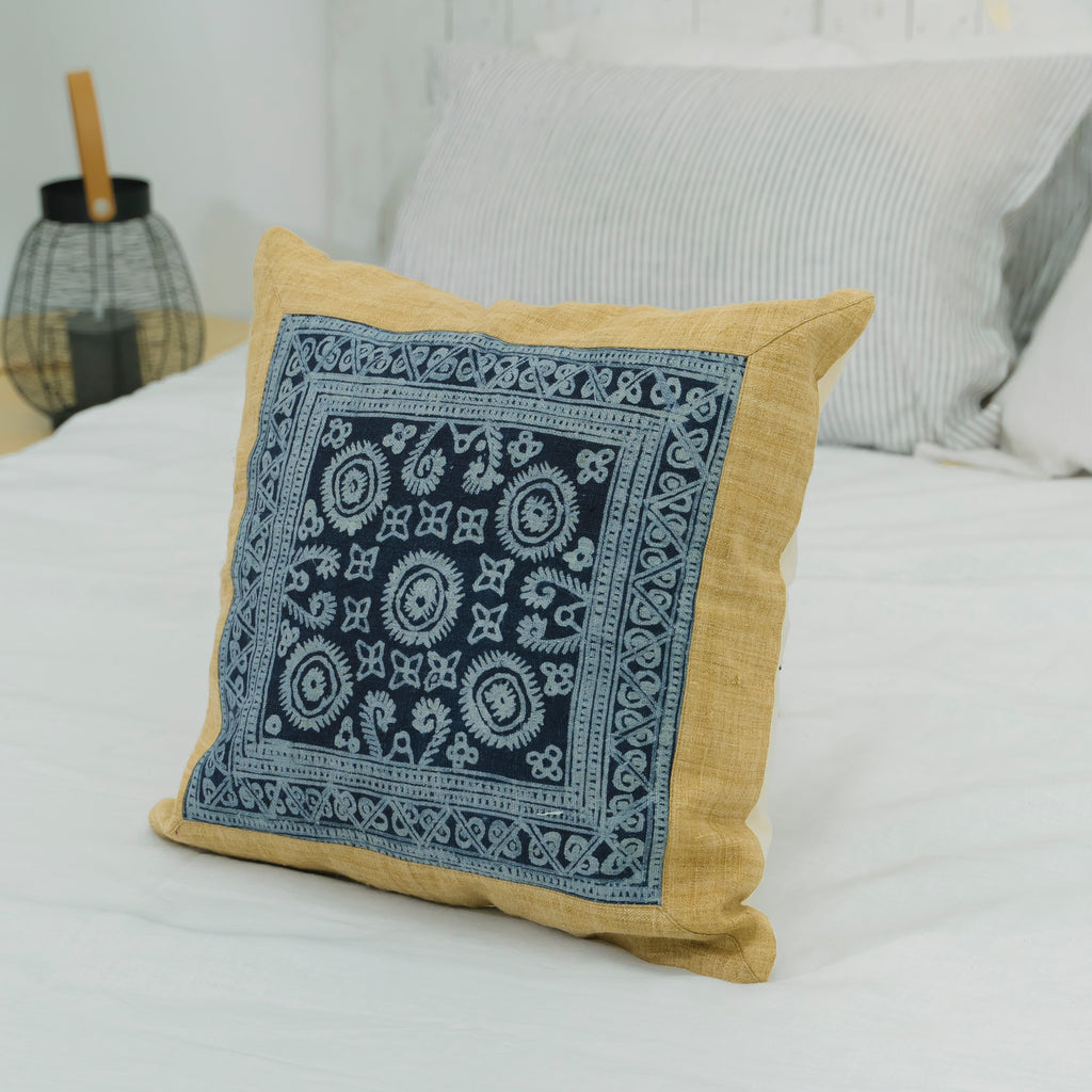 Hmong Mustard Yellow Batik Pillow Cover - Hand-Drawn Beeswax Brocade - One-of-a-Kind Hill Tribe Artisan Cushion