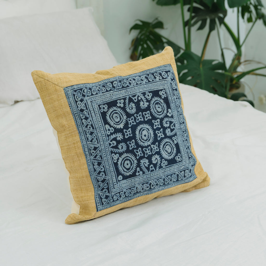 Hmong Mustard Yellow Batik Pillow Cover - Hand-Drawn Beeswax Brocade - One-of-a-Kind Hill Tribe Artisan Cushion