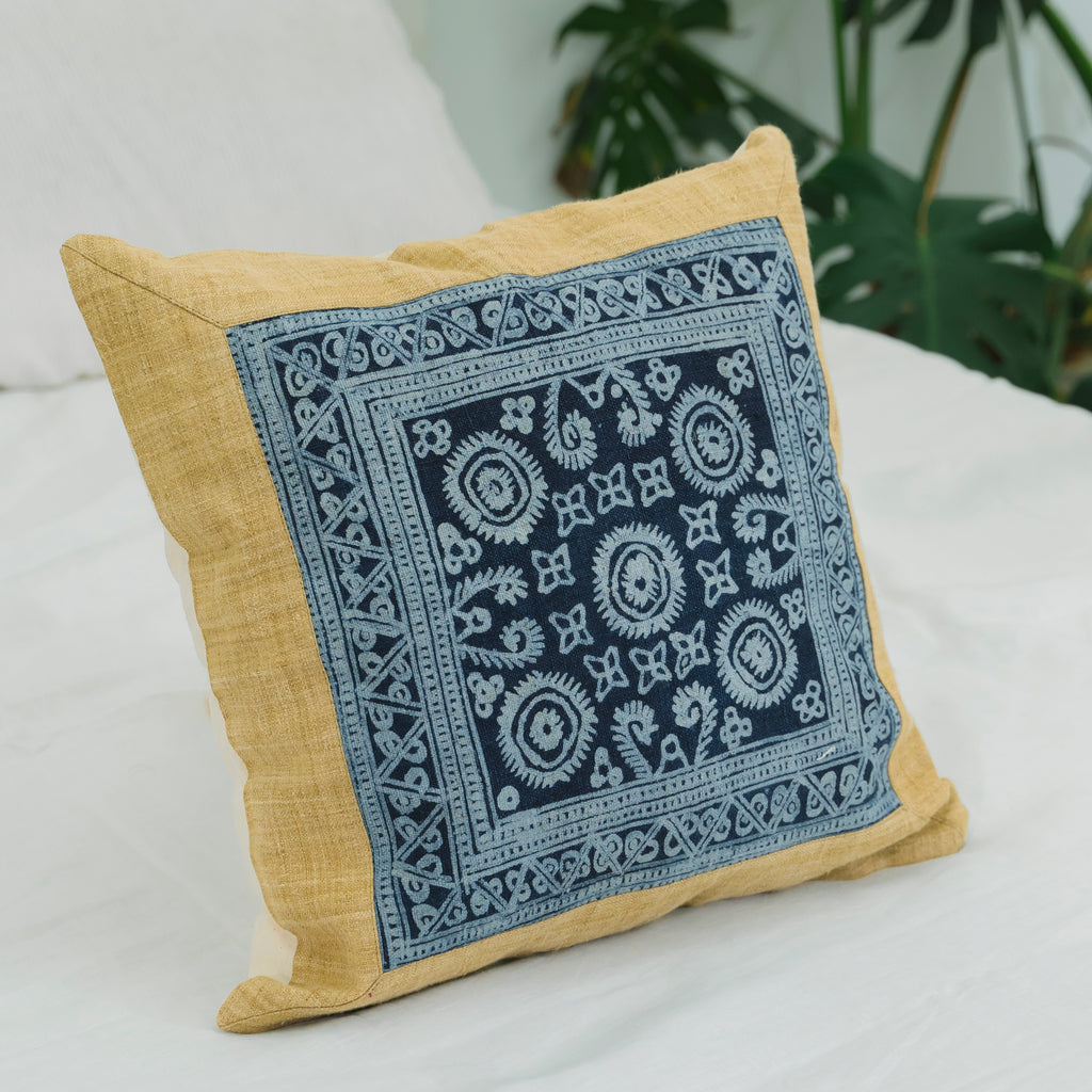 Hmong Mustard Yellow Batik Pillow Cover - Hand-Drawn Beeswax Brocade - One-of-a-Kind Hill Tribe Artisan Cushion