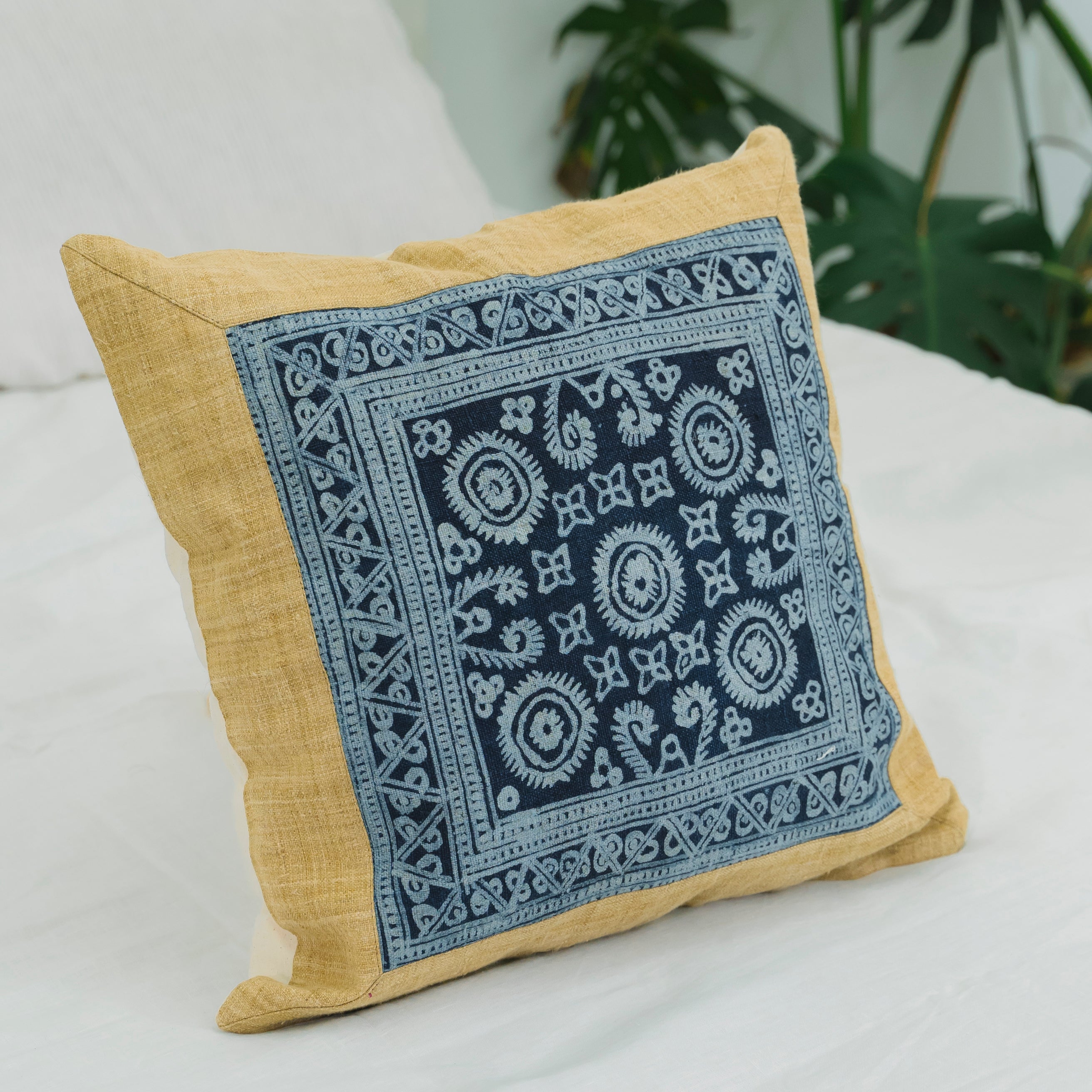Hmong Mustard Yellow Batik Pillow Cover - Hand-Drawn Beeswax Brocade - One-of-a-Kind Hill Tribe Artisan Cushion