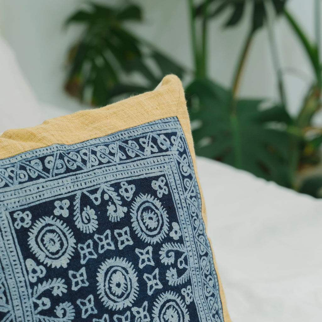 Hmong Mustard Yellow Batik Pillow Cover - Hand-Drawn Beeswax Brocade - One-of-a-Kind Hill Tribe Artisan Cushion