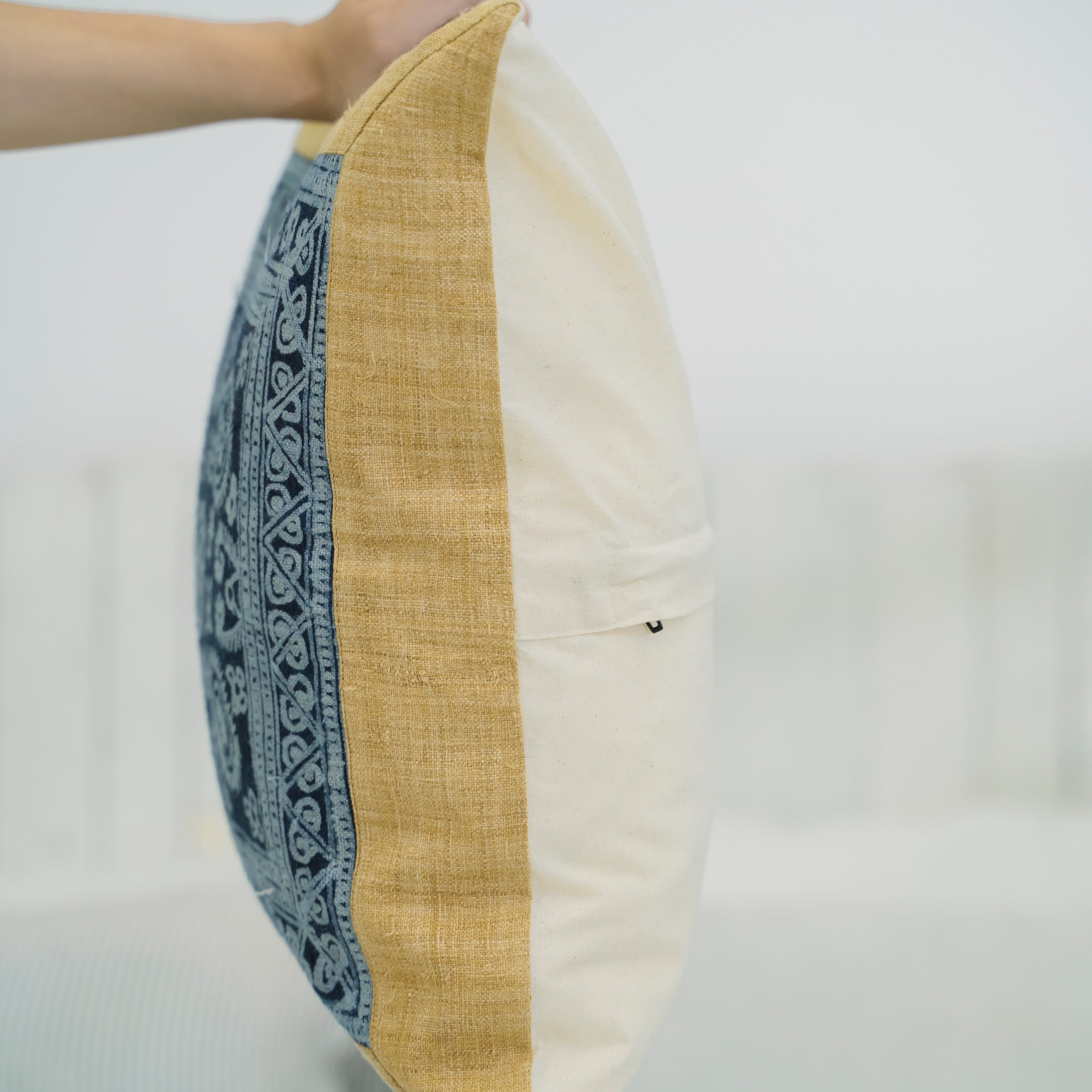 Hmong Mustard Yellow Batik Pillow Cover - Hand-Drawn Beeswax Brocade - One-of-a-Kind Hill Tribe Artisan Cushion