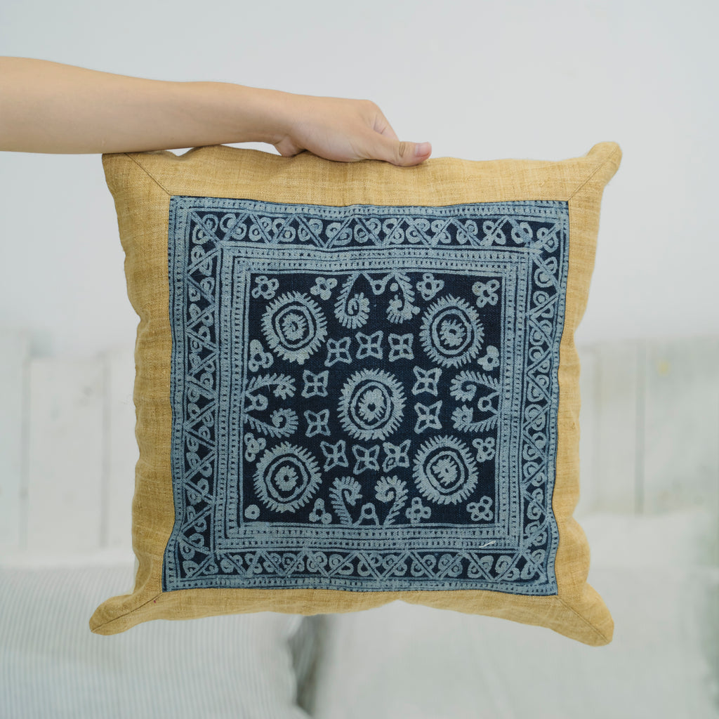 Hmong Mustard Yellow Batik Pillow Cover - Hand-Drawn Beeswax Brocade - One-of-a-Kind Hill Tribe Artisan Cushion