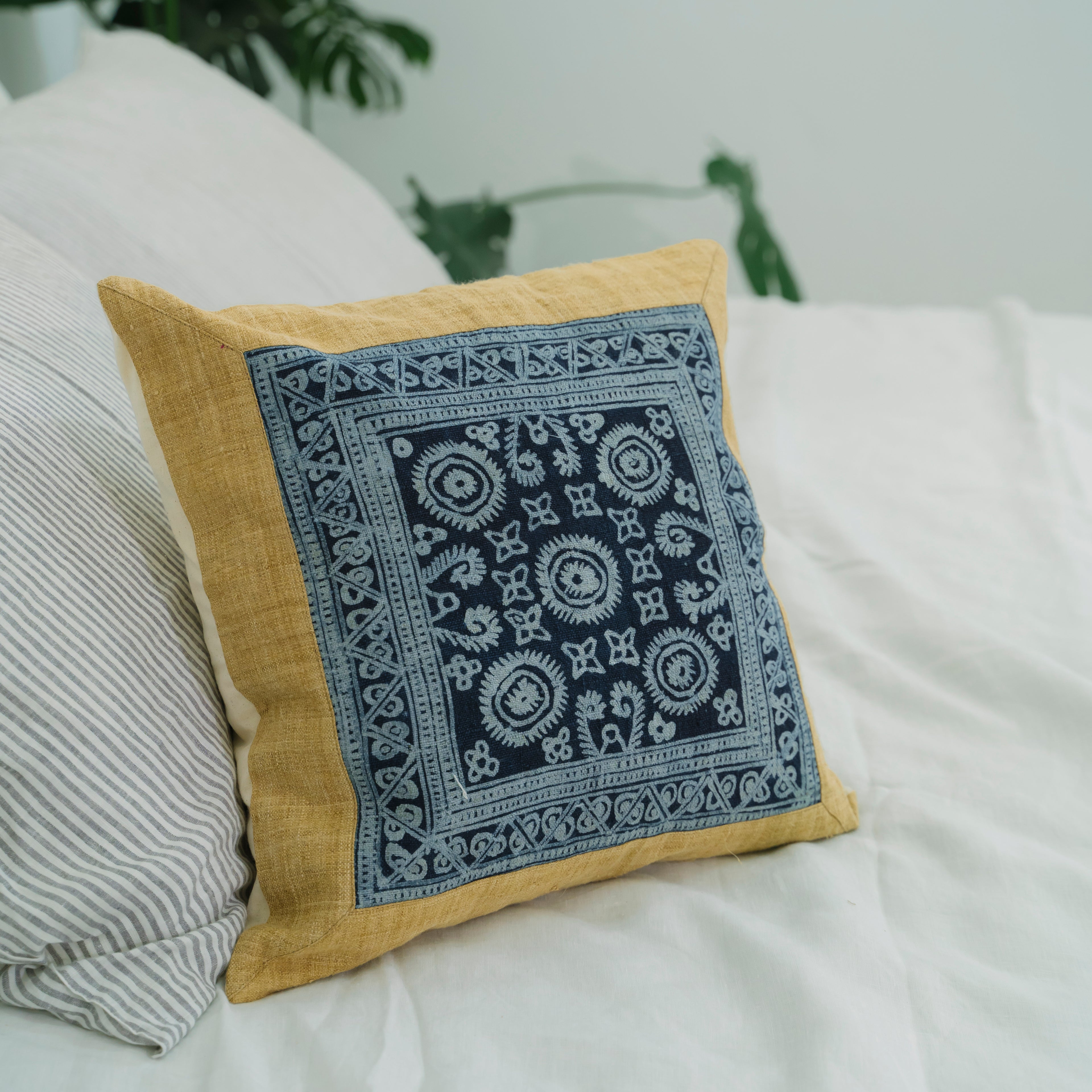 Hmong Mustard Yellow Batik Pillow Cover - Hand-Drawn Beeswax Brocade - One-of-a-Kind Hill Tribe Artisan Cushion