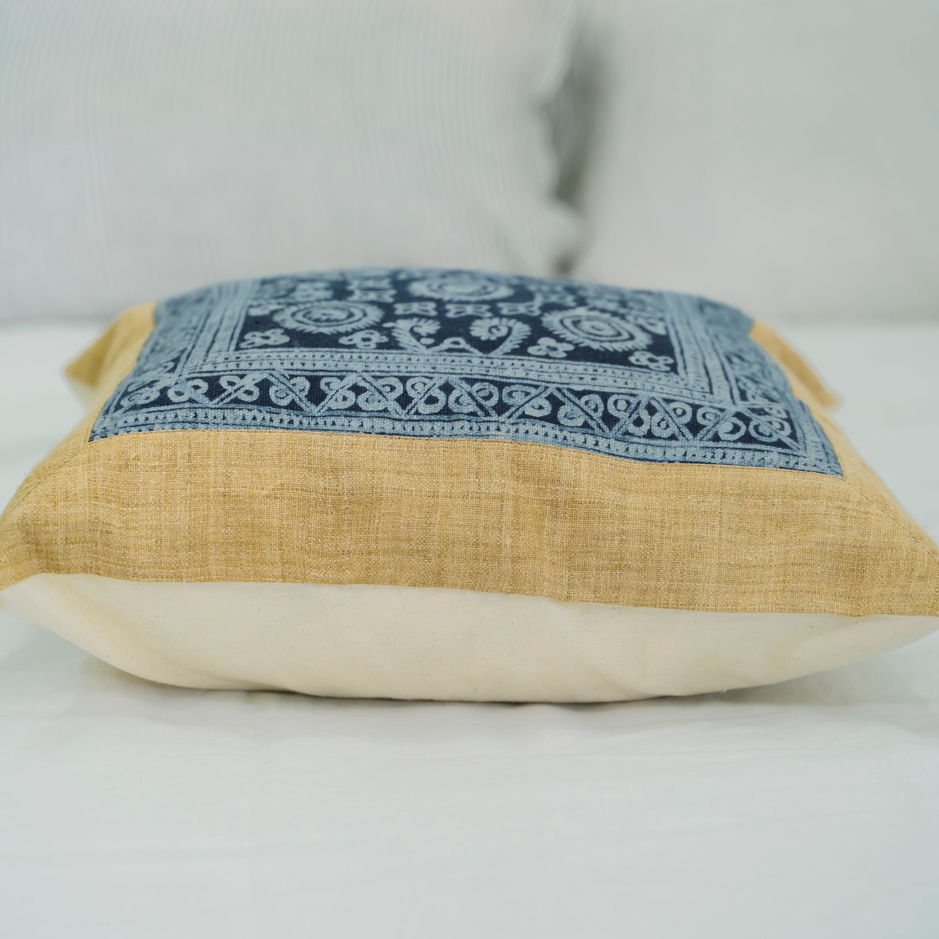 Hmong Mustard Yellow Batik Pillow Cover - Hand-Drawn Beeswax Brocade - One-of-a-Kind Hill Tribe Artisan Cushion