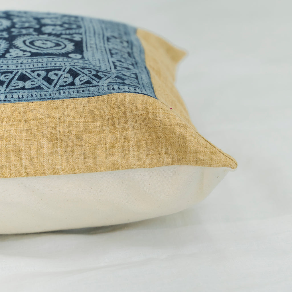 Hmong Mustard Yellow Batik Pillow Cover - Hand-Drawn Beeswax Brocade - One-of-a-Kind Hill Tribe Artisan Cushion