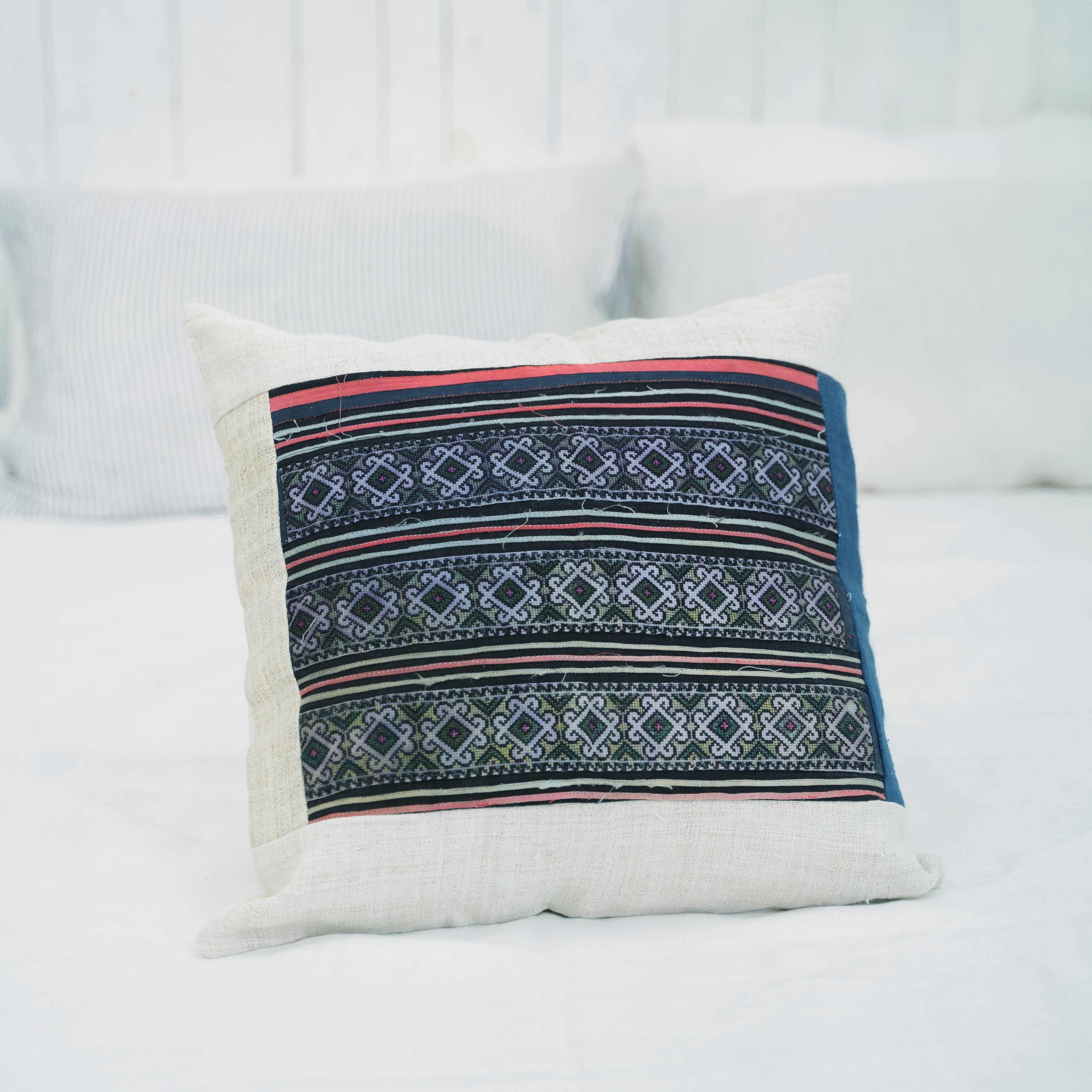 Hmong Diamond Pattern Embroidered Pillow Cover - Hand-Dyed Tribal Brocade - Hill Tribe Artisan Cushion