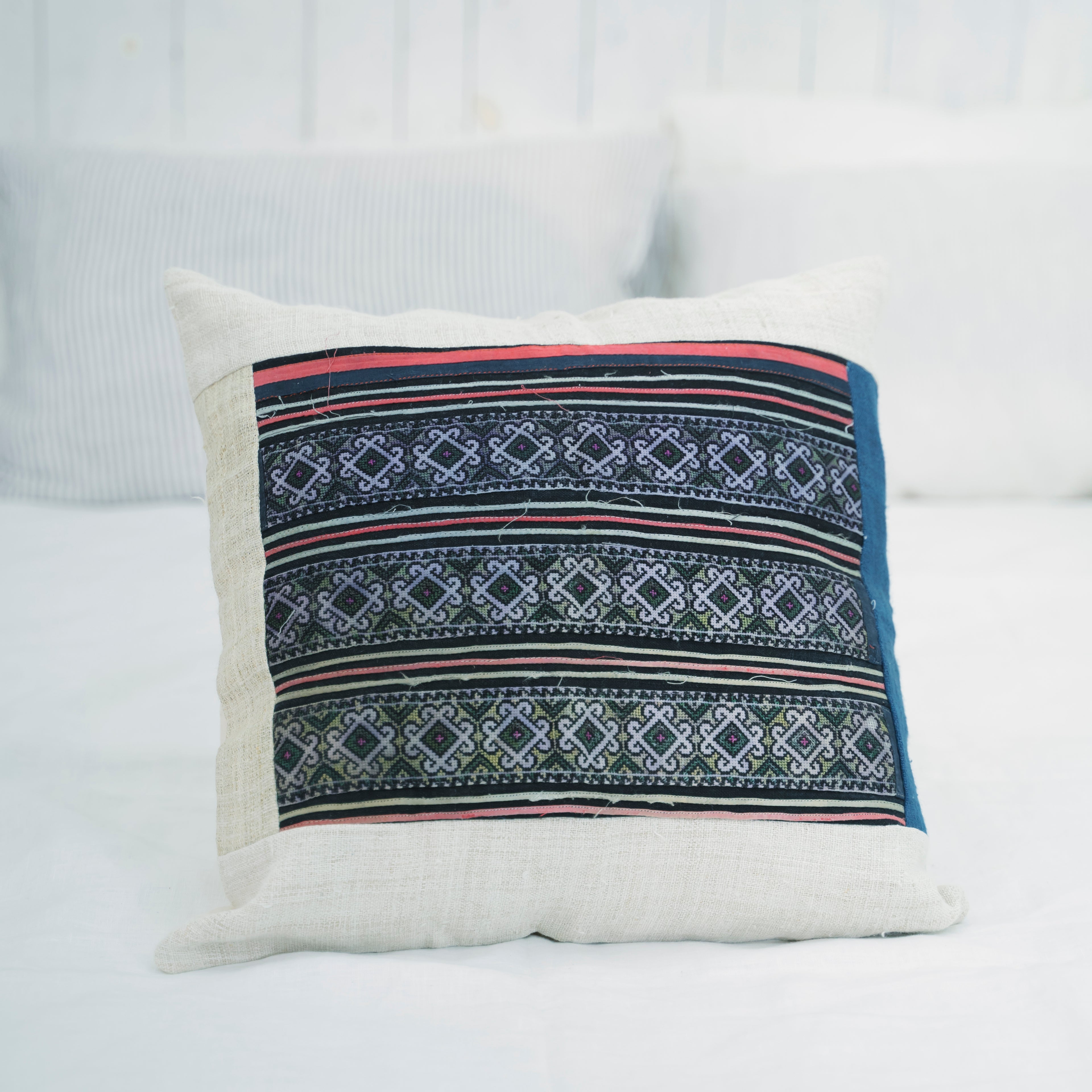 Hmong Diamond Pattern Embroidered Pillow Cover - Hand-Dyed Tribal Brocade - Hill Tribe Artisan Cushion