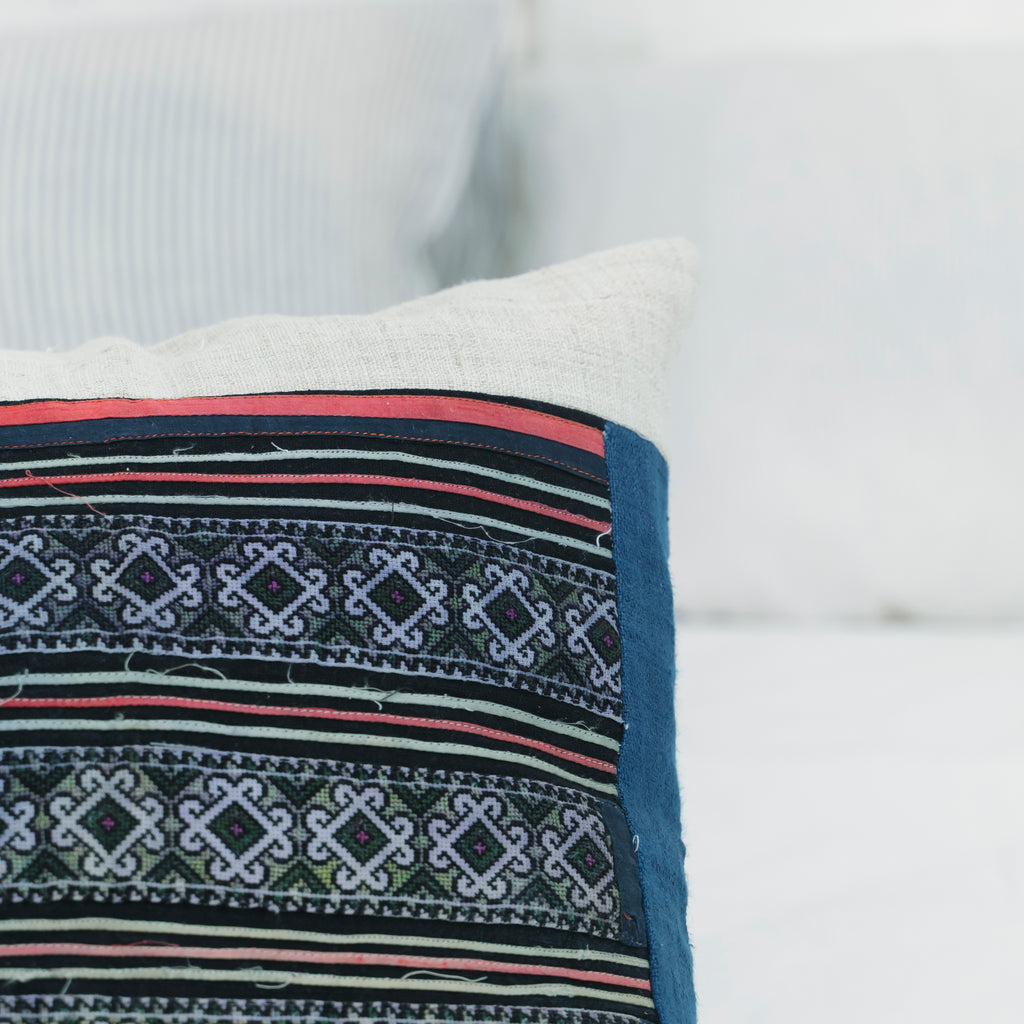 Hmong Diamond Pattern Embroidered Pillow Cover - Hand-Dyed Tribal Brocade - Hill Tribe Artisan Cushion