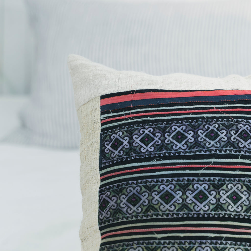 Hmong Diamond Pattern Embroidered Pillow Cover - Hand-Dyed Tribal Brocade - Hill Tribe Artisan Cushion