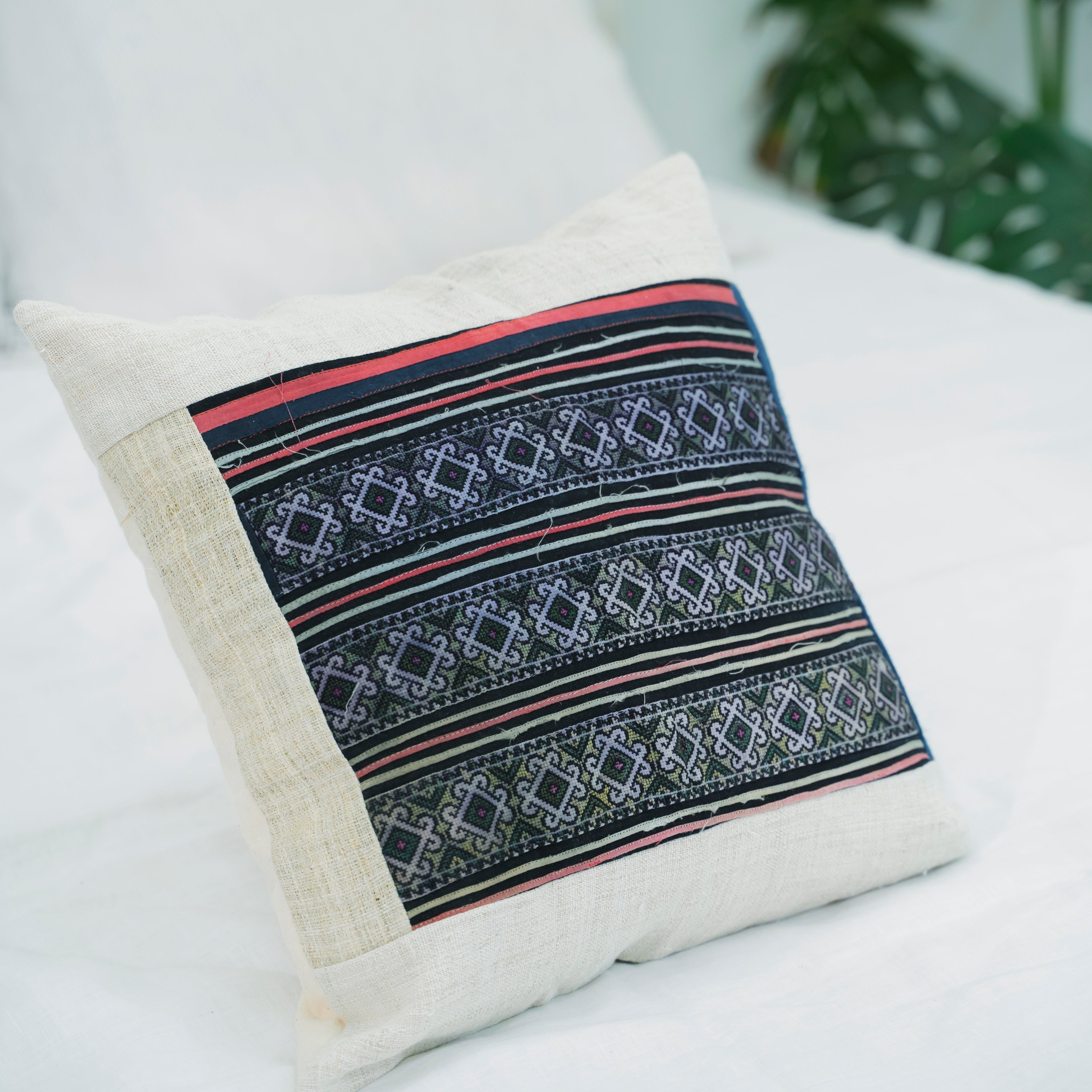 Hmong Diamond Pattern Embroidered Pillow Cover - Hand-Dyed Tribal Brocade - Hill Tribe Artisan Cushion