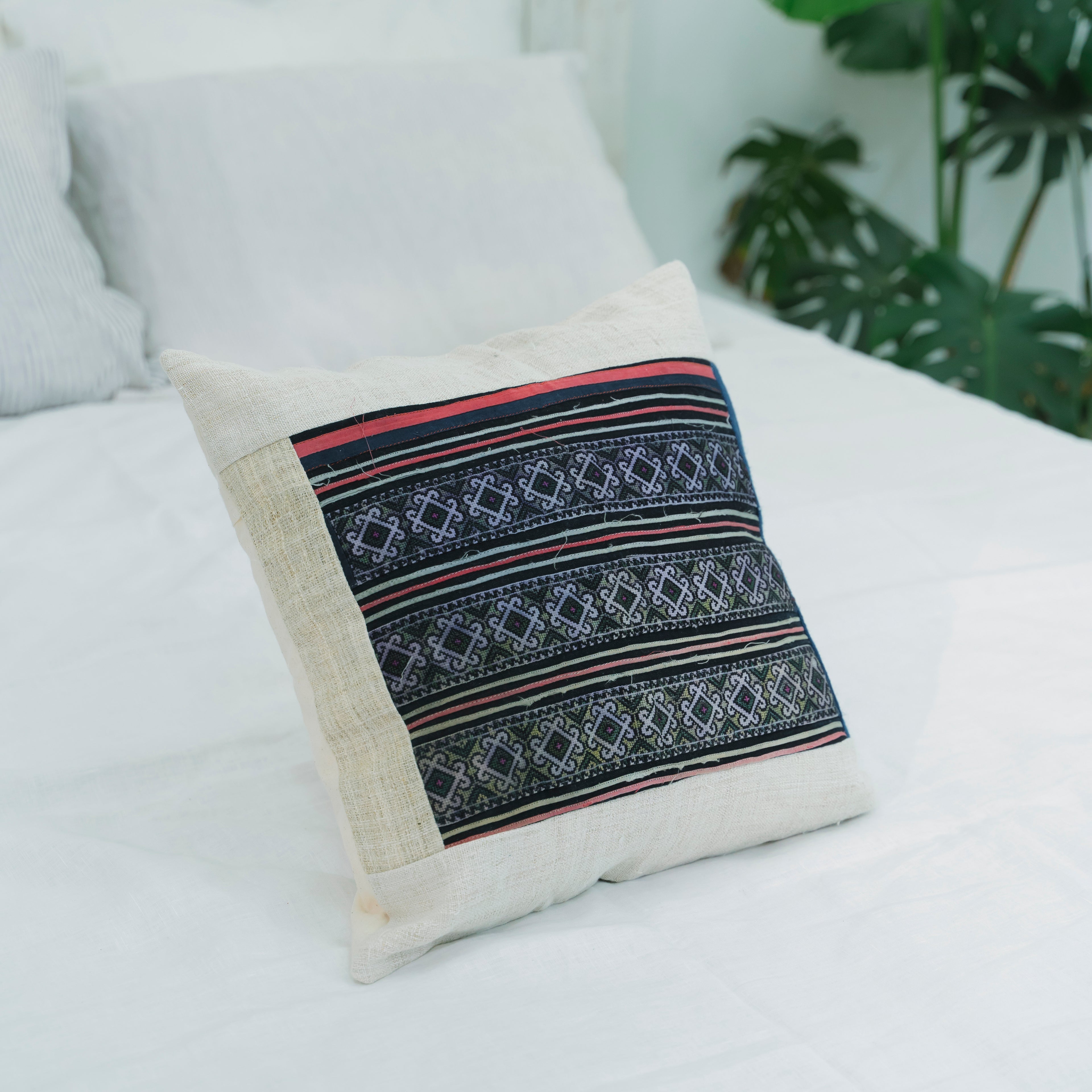 Hmong Diamond Pattern Embroidered Pillow Cover - Hand-Dyed Tribal Brocade - Hill Tribe Artisan Cushion