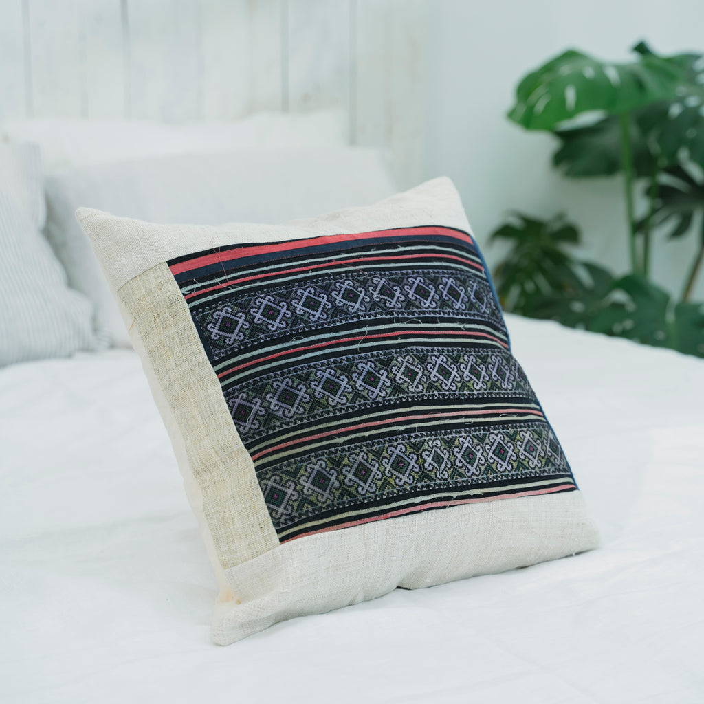 Hmong Diamond Pattern Embroidered Pillow Cover - Hand-Dyed Tribal Brocade - Hill Tribe Artisan Cushion