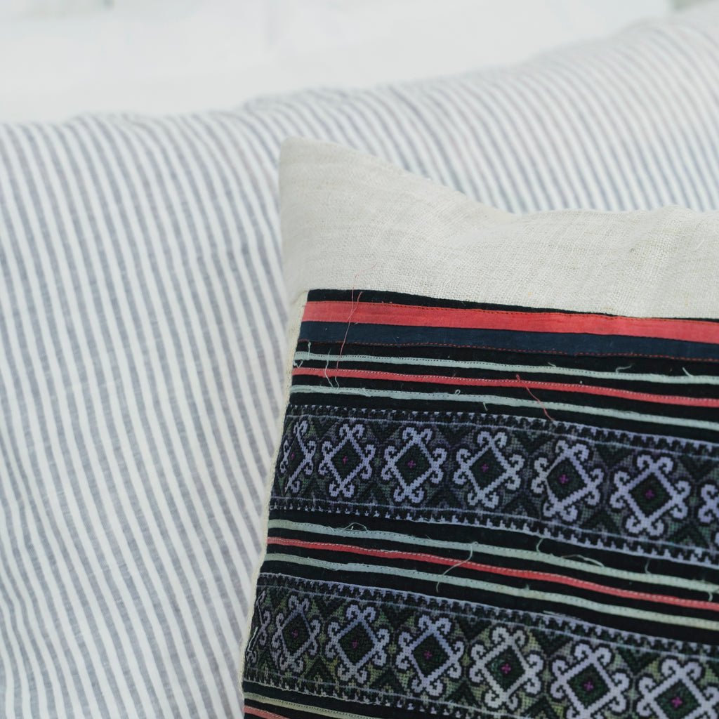 Hmong Diamond Pattern Embroidered Pillow Cover - Hand-Dyed Tribal Brocade - Hill Tribe Artisan Cushion