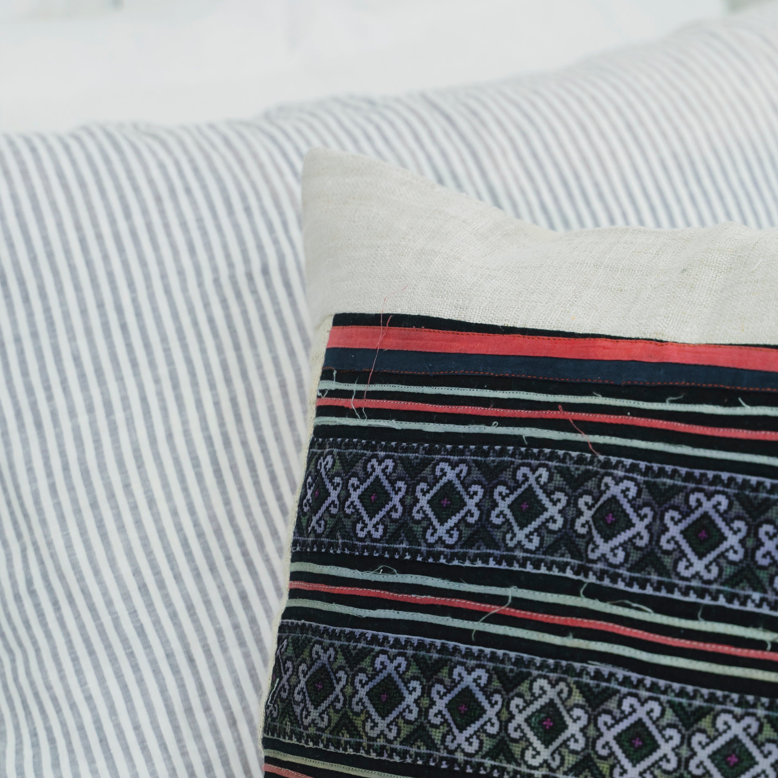 Hmong Diamond Pattern Embroidered Pillow Cover - Hand-Dyed Tribal Brocade - Hill Tribe Artisan Cushion