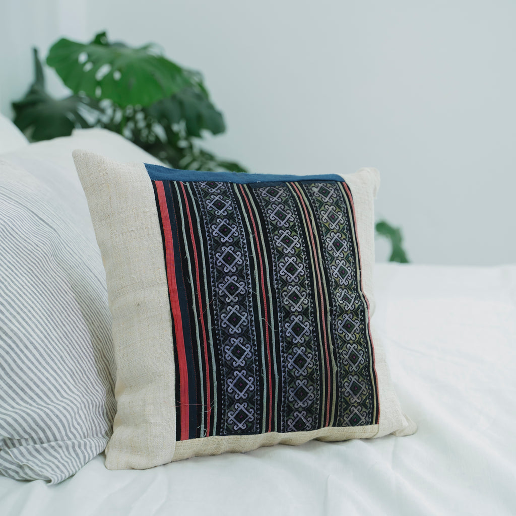 Hmong Diamond Pattern Embroidered Pillow Cover - Hand-Dyed Tribal Brocade - Hill Tribe Artisan Cushion