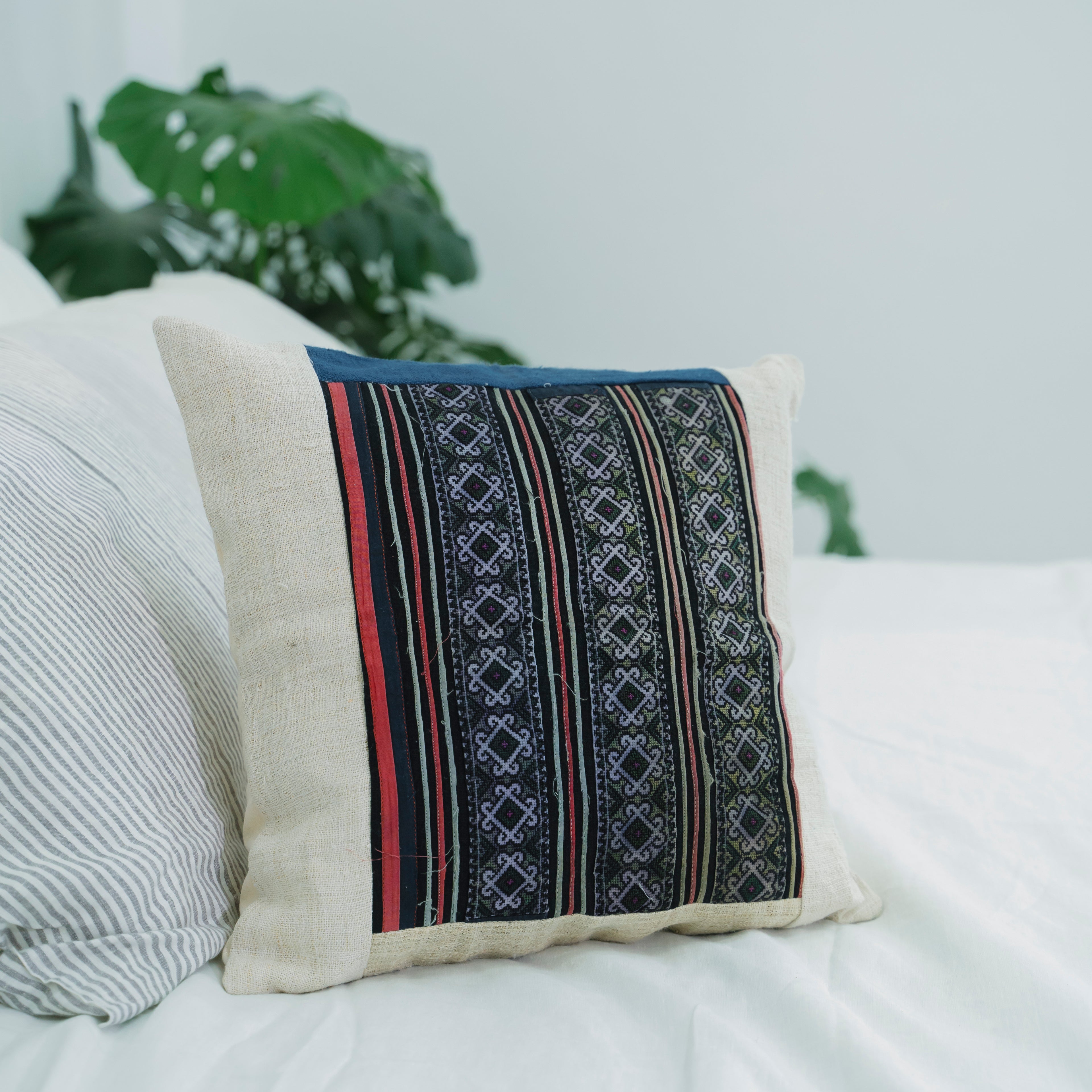Hmong Diamond Pattern Embroidered Pillow Cover - Hand-Dyed Tribal Brocade - Hill Tribe Artisan Cushion