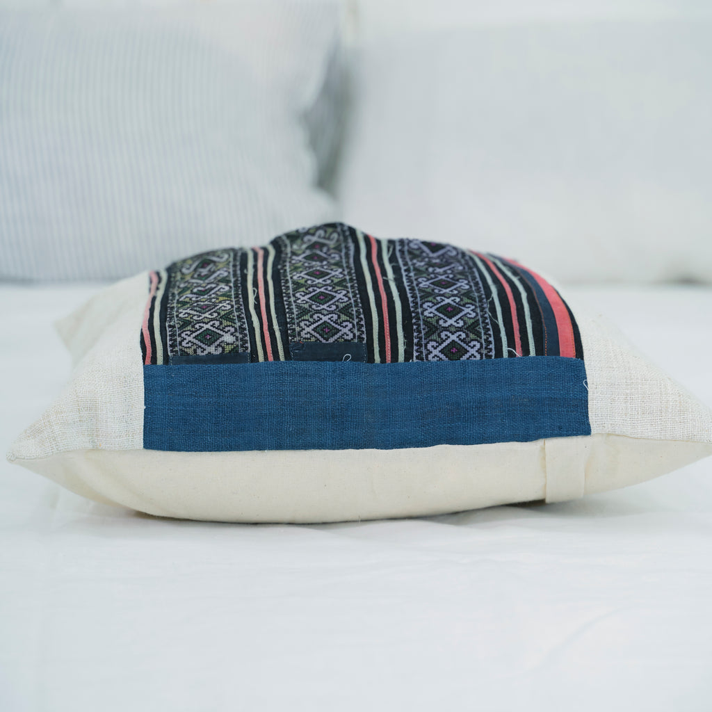 Hmong Diamond Pattern Embroidered Pillow Cover - Hand-Dyed Tribal Brocade - Hill Tribe Artisan Cushion