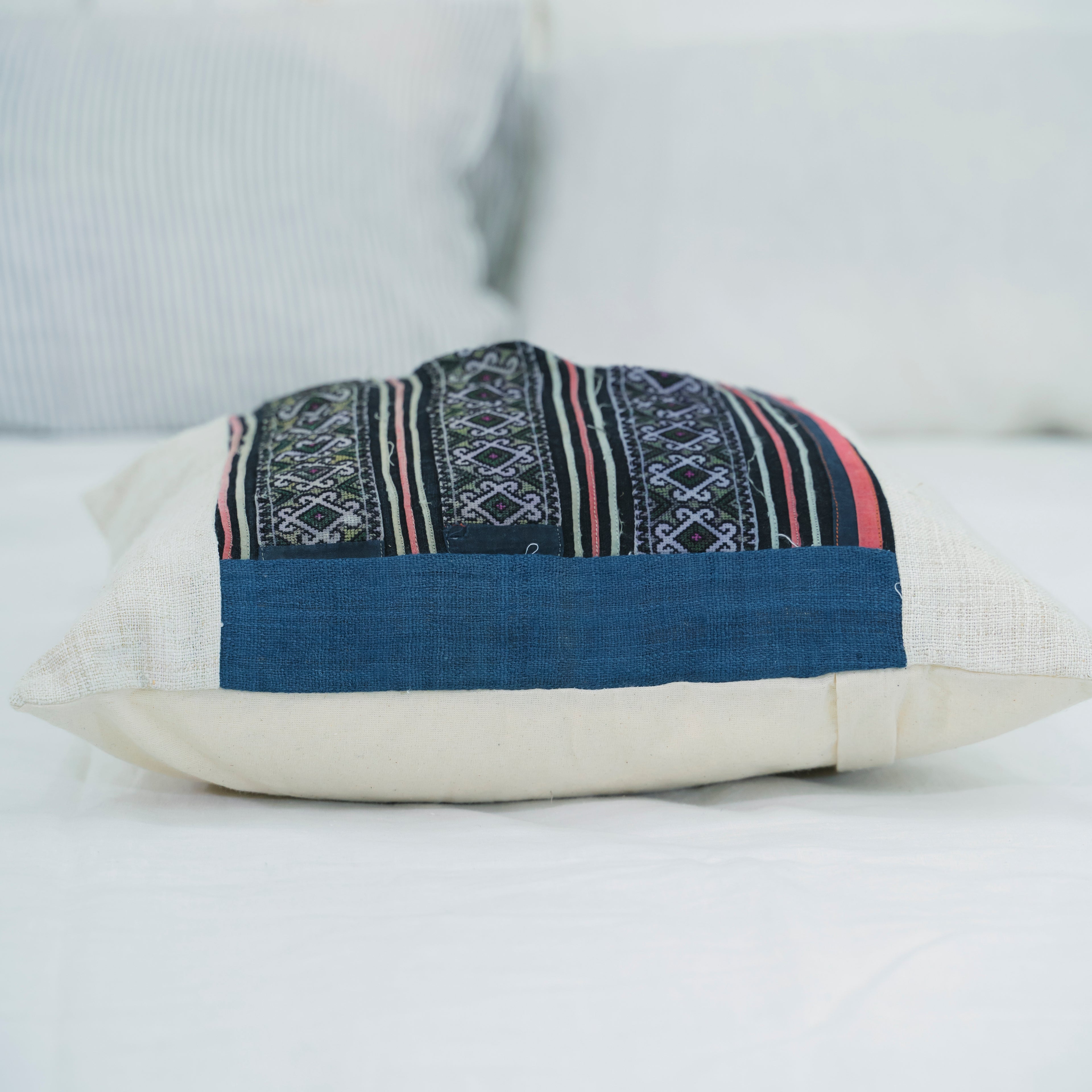 Hmong Diamond Pattern Embroidered Pillow Cover - Hand-Dyed Tribal Brocade - Hill Tribe Artisan Cushion