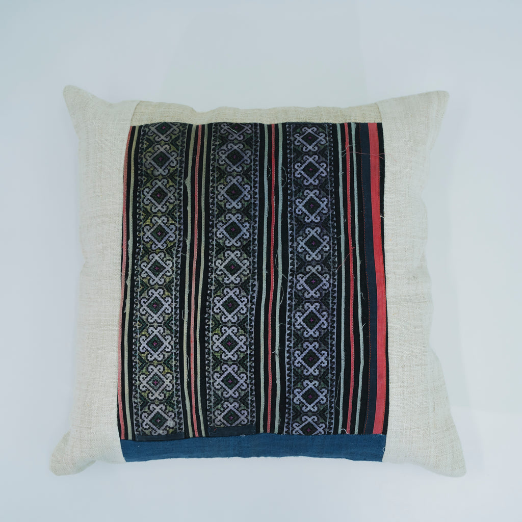 Hmong Diamond Pattern Embroidered Pillow Cover - Hand-Dyed Tribal Brocade - Hill Tribe Artisan Cushion