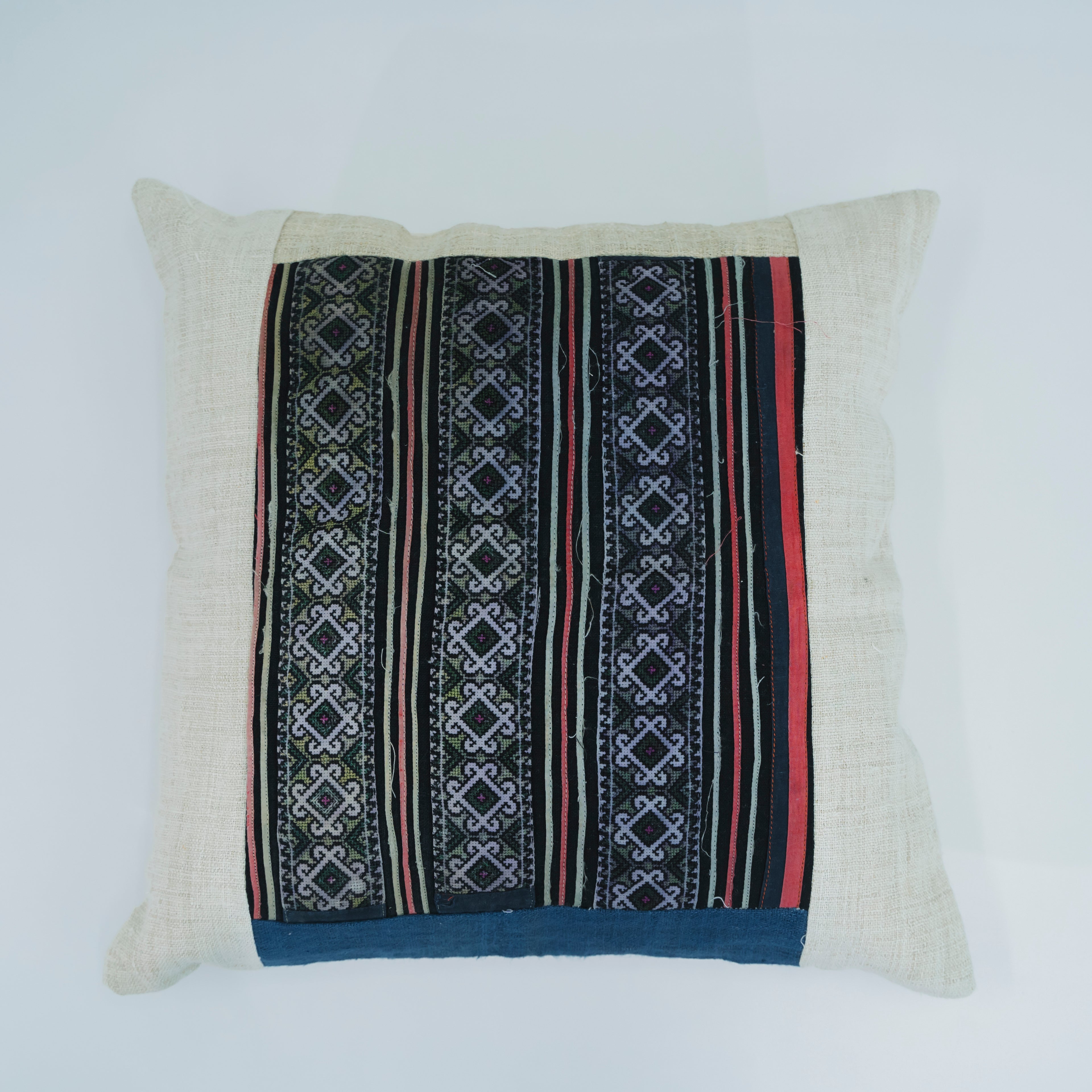 Hmong Diamond Pattern Embroidered Pillow Cover - Hand-Dyed Tribal Brocade - Hill Tribe Artisan Cushion