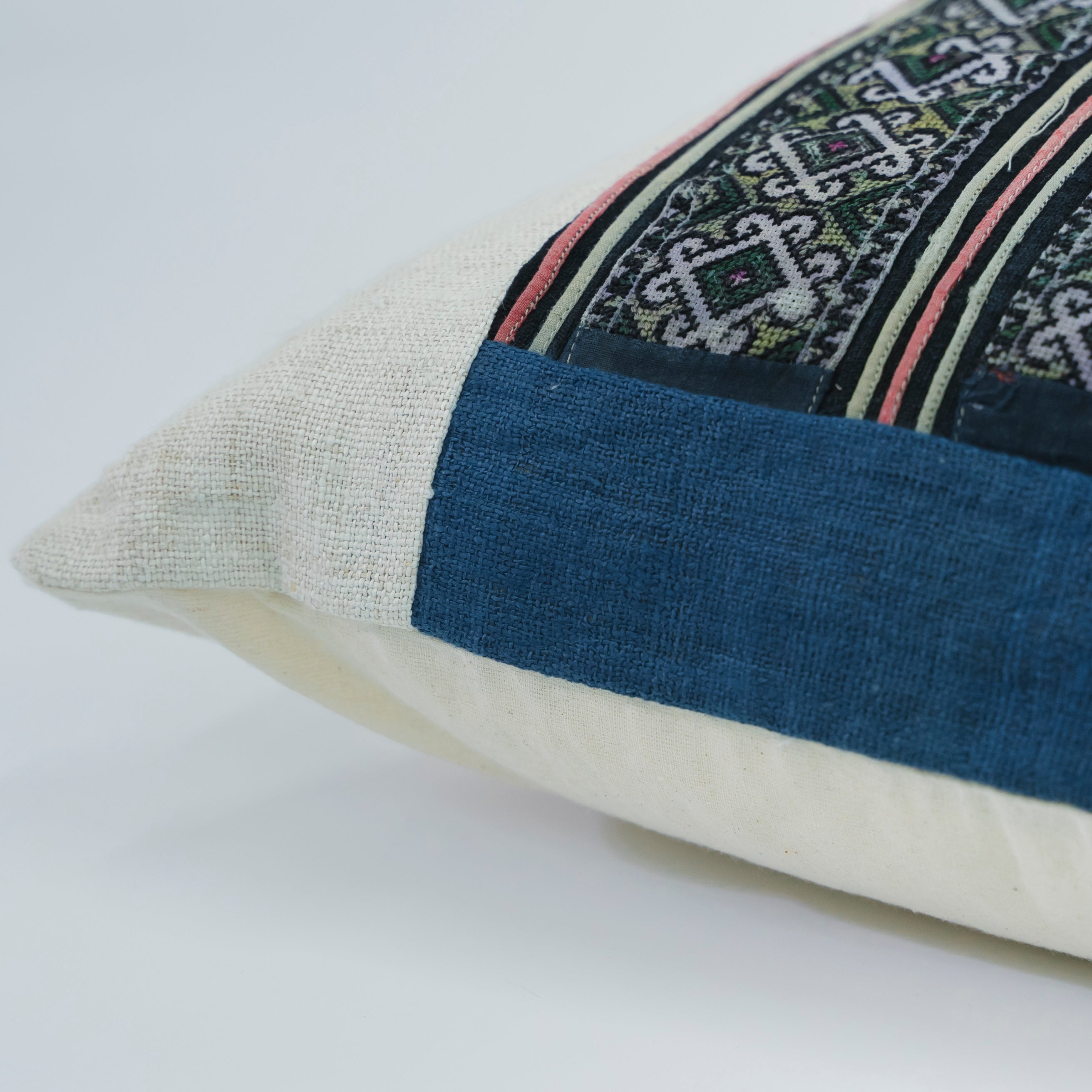 Hmong Diamond Pattern Embroidered Pillow Cover - Hand-Dyed Tribal Brocade - Hill Tribe Artisan Cushion