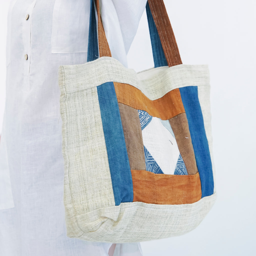 Hmong Diamond Embroidered Tote Bag - Hand-Stitched Natural Brocade with Indigo Accent - Hill Tribe Artisan Shoulder Bag