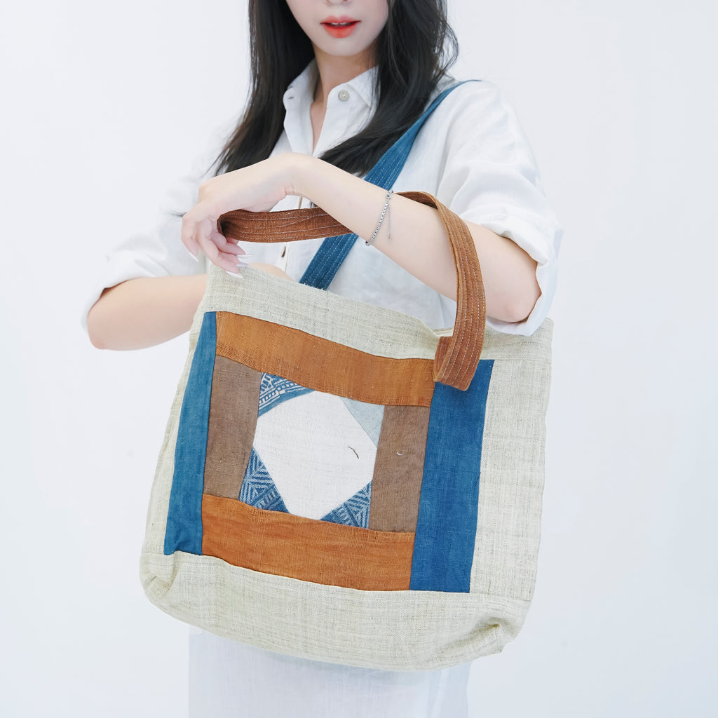 Hmong Diamond Embroidered Tote Bag - Hand-Stitched Natural Brocade with Indigo Accent - Hill Tribe Artisan Shoulder Bag