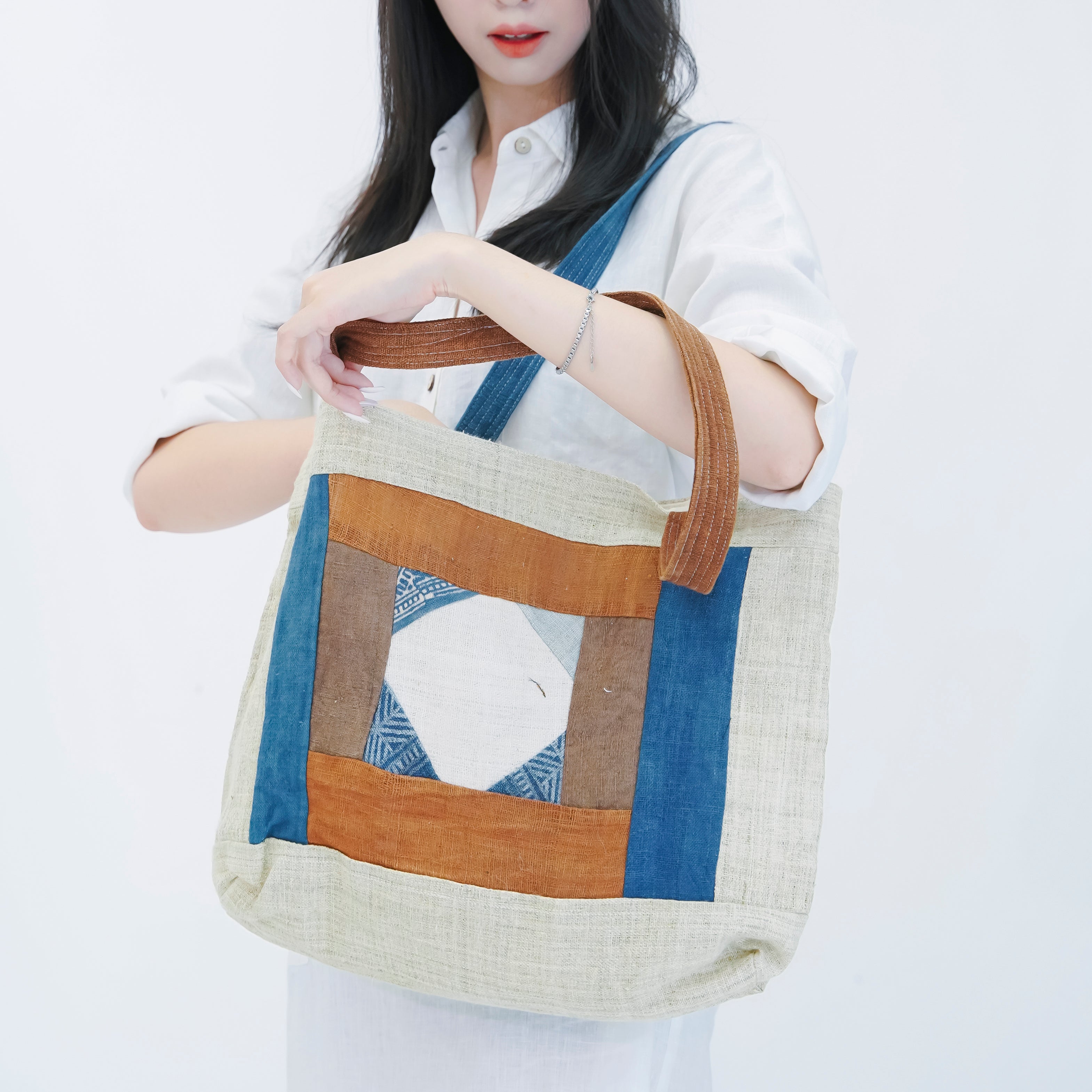 Hmong Diamond Embroidered Tote Bag - Hand-Stitched Natural Brocade with Indigo Accent - Hill Tribe Artisan Shoulder Bag