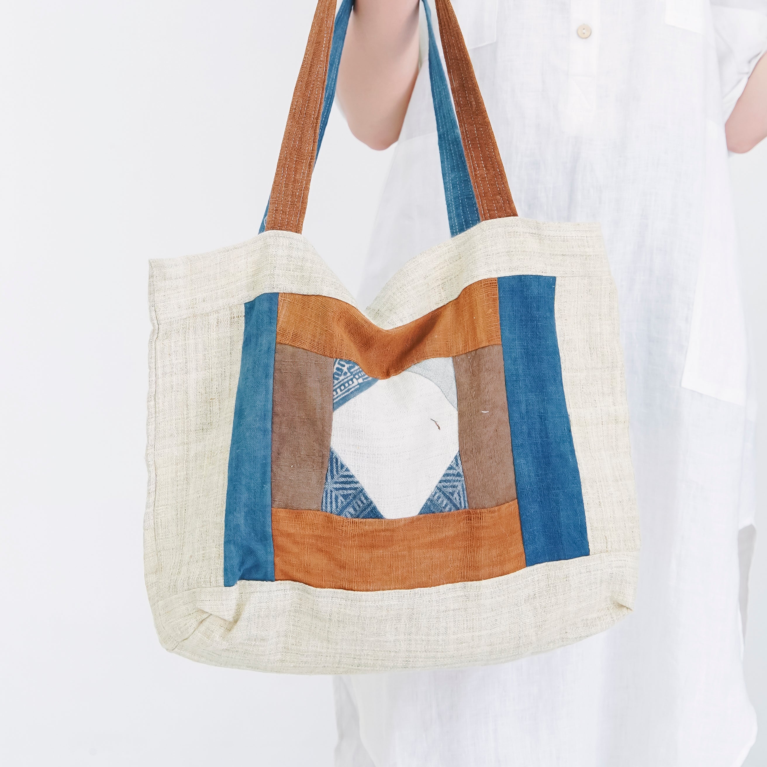 Hmong Diamond Embroidered Tote Bag - Hand-Stitched Natural Brocade with Indigo Accent - Hill Tribe Artisan Shoulder Bag