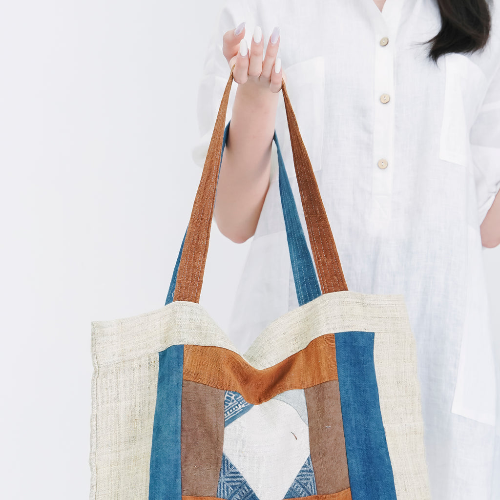 Hmong Diamond Embroidered Tote Bag - Hand-Stitched Natural Brocade with Indigo Accent - Hill Tribe Artisan Shoulder Bag