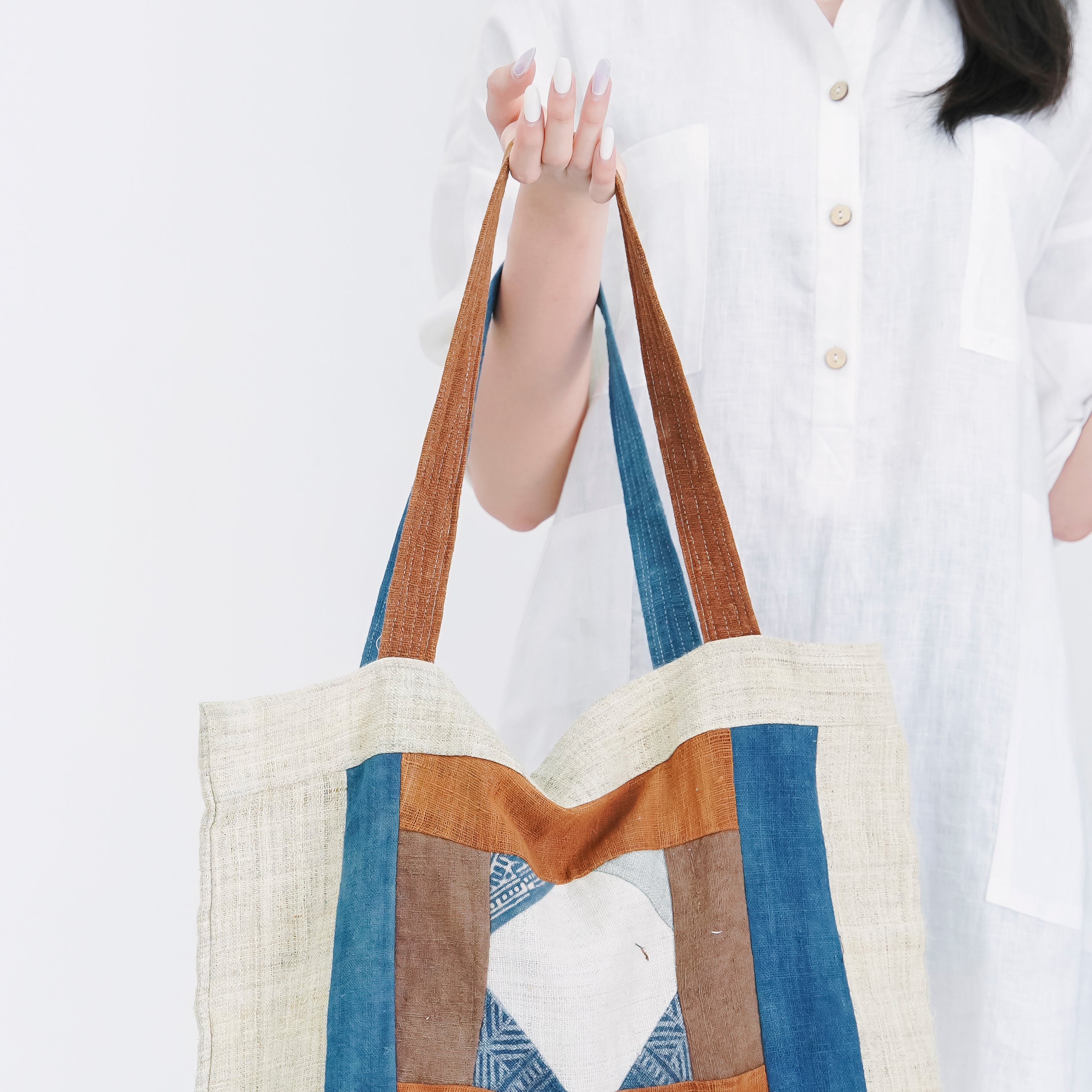 Hmong Diamond Embroidered Tote Bag - Hand-Stitched Natural Brocade with Indigo Accent - Hill Tribe Artisan Shoulder Bag