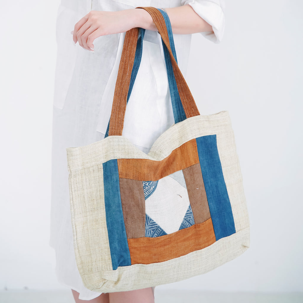 Hmong Diamond Embroidered Tote Bag - Hand-Stitched Natural Brocade with Indigo Accent - Hill Tribe Artisan Shoulder Bag