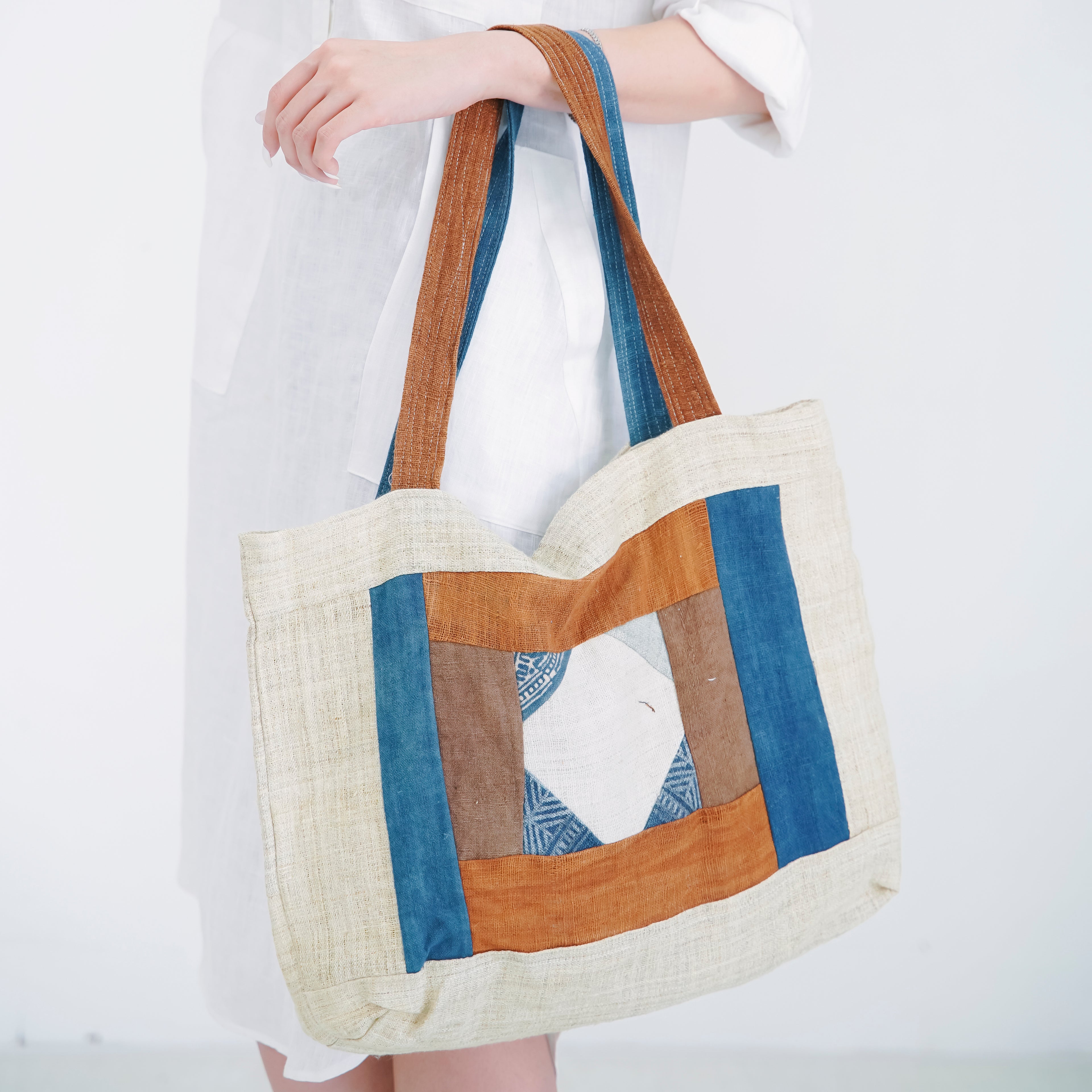 Hmong Diamond Embroidered Tote Bag - Hand-Stitched Natural Brocade with Indigo Accent - Hill Tribe Artisan Shoulder Bag