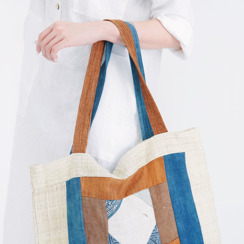 Hmong Diamond Embroidered Tote Bag - Hand-Stitched Natural Brocade with Indigo Accent - Hill Tribe Artisan Shoulder Bag
