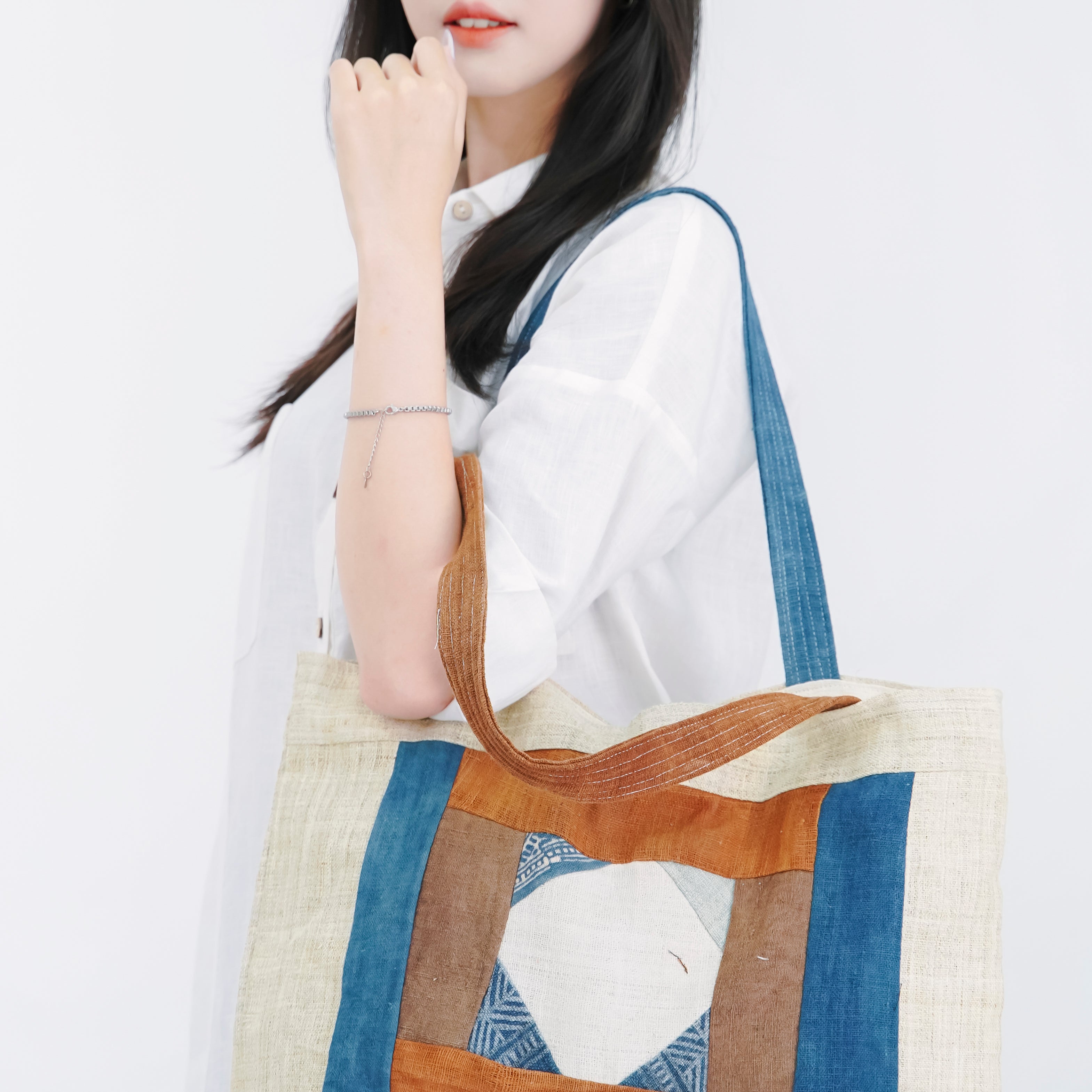 Hmong Diamond Embroidered Tote Bag - Hand-Stitched Natural Brocade with Indigo Accent - Hill Tribe Artisan Shoulder Bag
