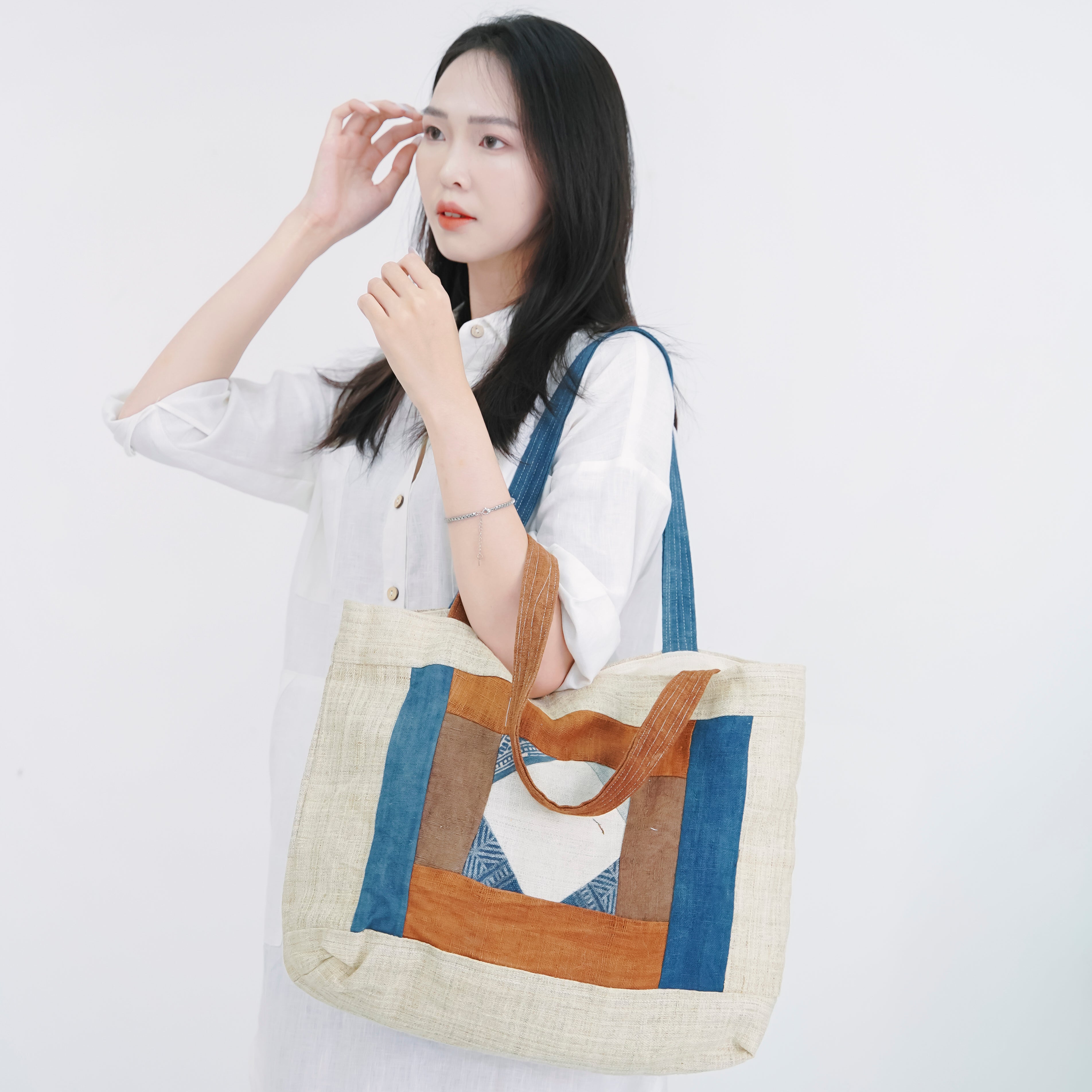Hmong Diamond Embroidered Tote Bag - Hand-Stitched Natural Brocade with Indigo Accent - Hill Tribe Artisan Shoulder Bag