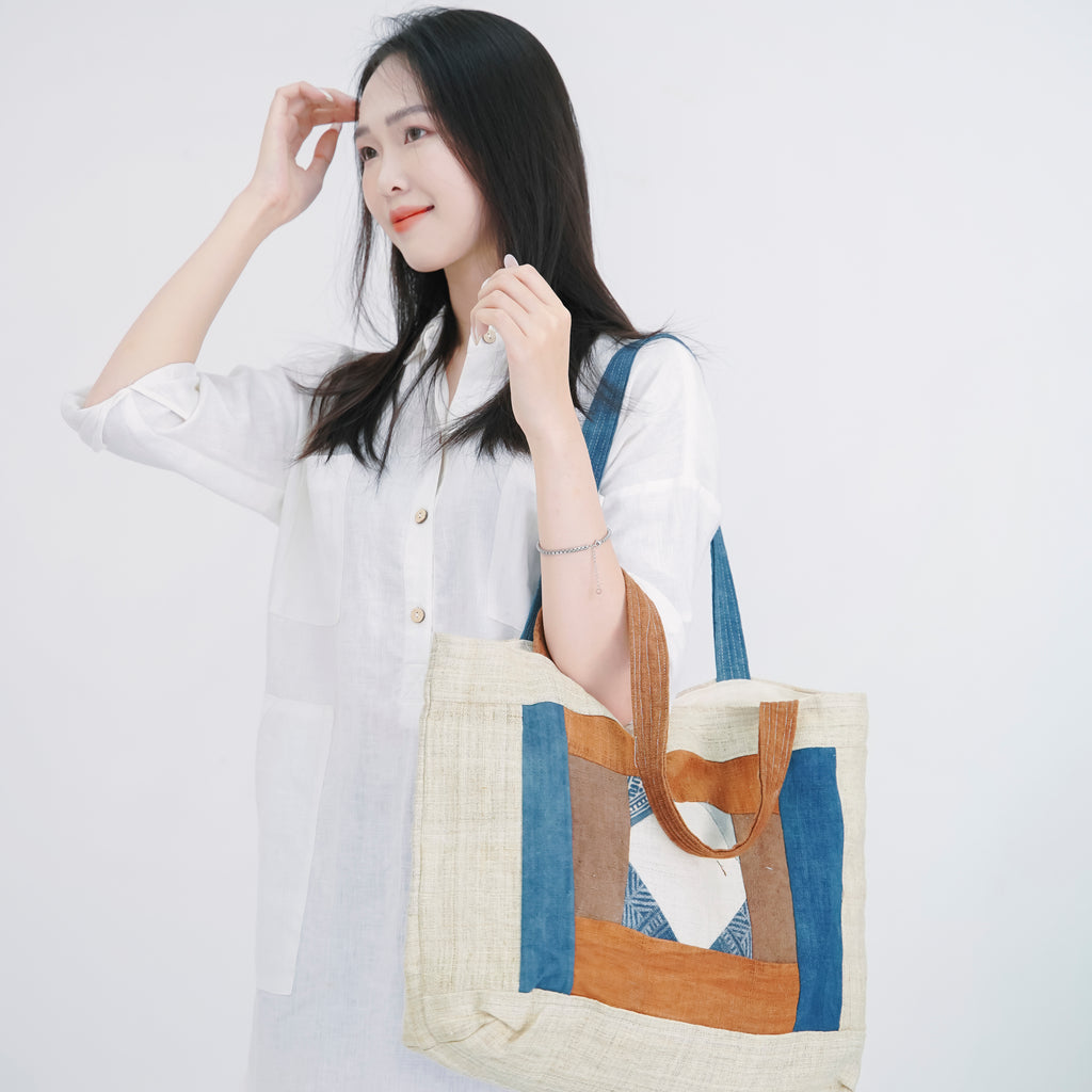 Hmong Diamond Embroidered Tote Bag - Hand-Stitched Natural Brocade with Indigo Accent - Hill Tribe Artisan Shoulder Bag