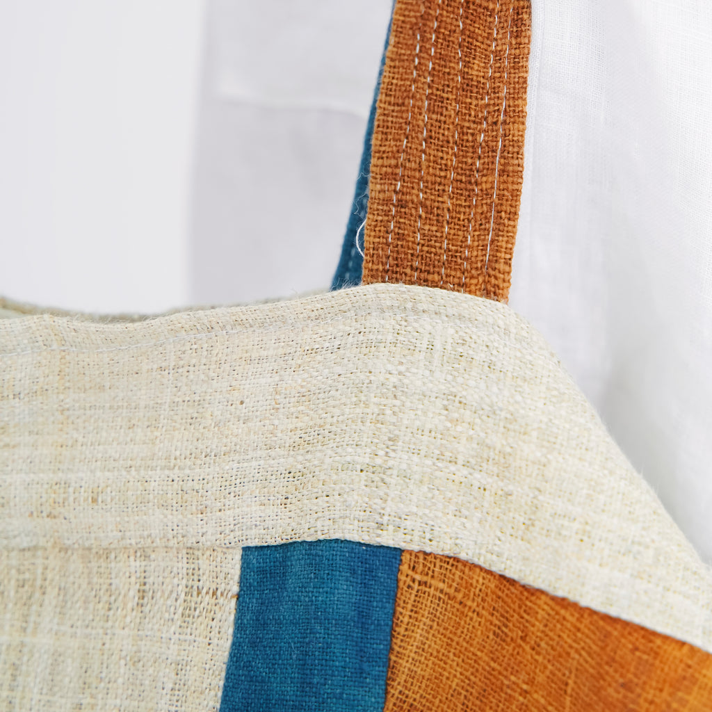 Hmong Diamond Embroidered Tote Bag - Hand-Stitched Natural Brocade with Indigo Accent - Hill Tribe Artisan Shoulder Bag