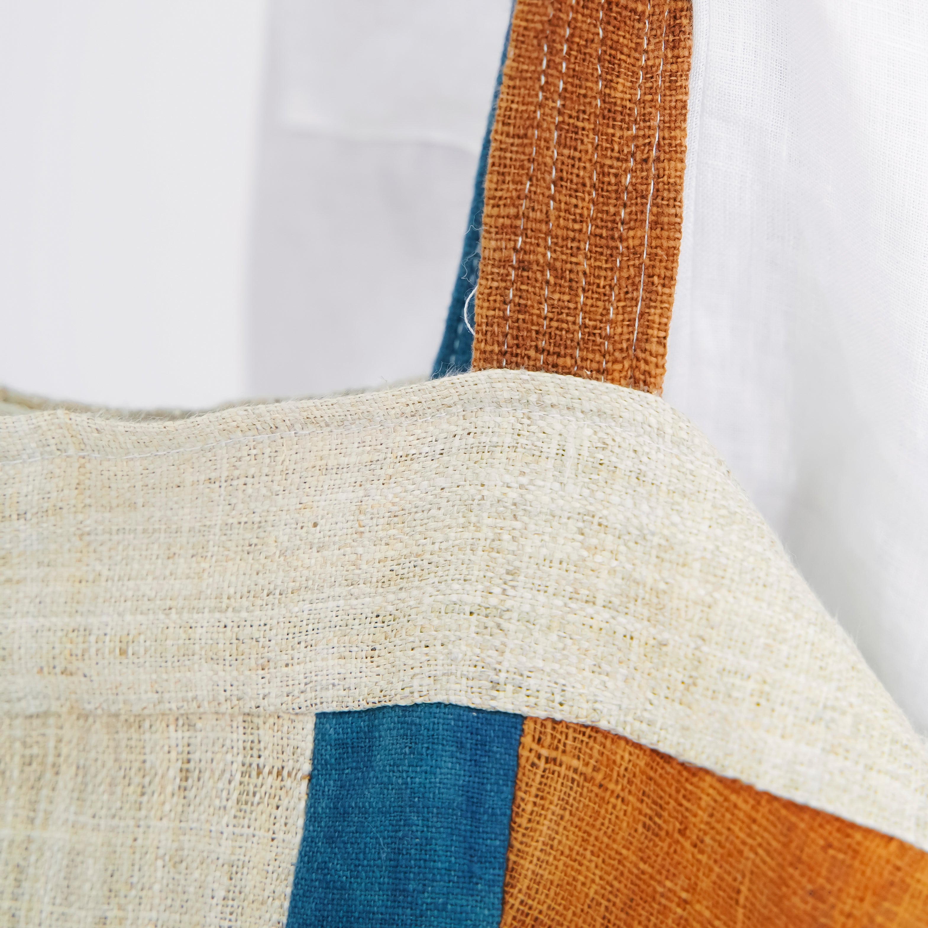 Hmong Diamond Embroidered Tote Bag - Hand-Stitched Natural Brocade with Indigo Accent - Hill Tribe Artisan Shoulder Bag