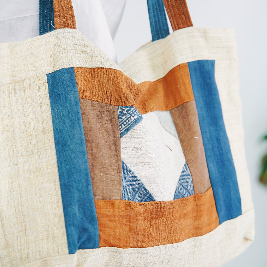 Hmong Diamond Embroidered Tote Bag - Hand-Stitched Natural Brocade with Indigo Accent - Hill Tribe Artisan Shoulder Bag