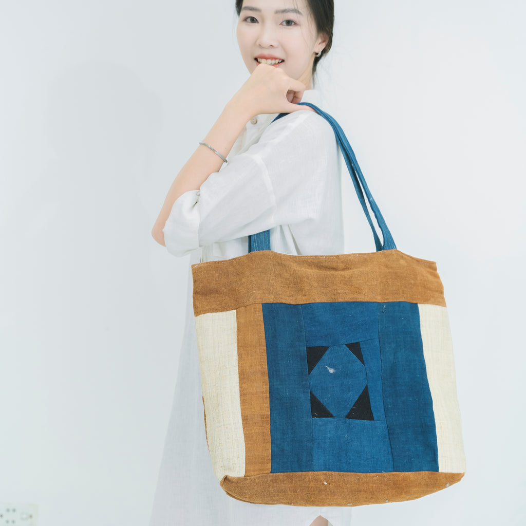 Hmong Earthy Indigo Patchwork Tote Bag - Hand-Sewn Brocade Mosaic - Traditional Hill Tribe Artisan Shoulder Bag