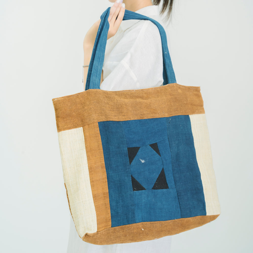 Hmong Earthy Indigo Patchwork Tote Bag - Hand-Sewn Brocade Mosaic - Traditional Hill Tribe Artisan Shoulder Bag