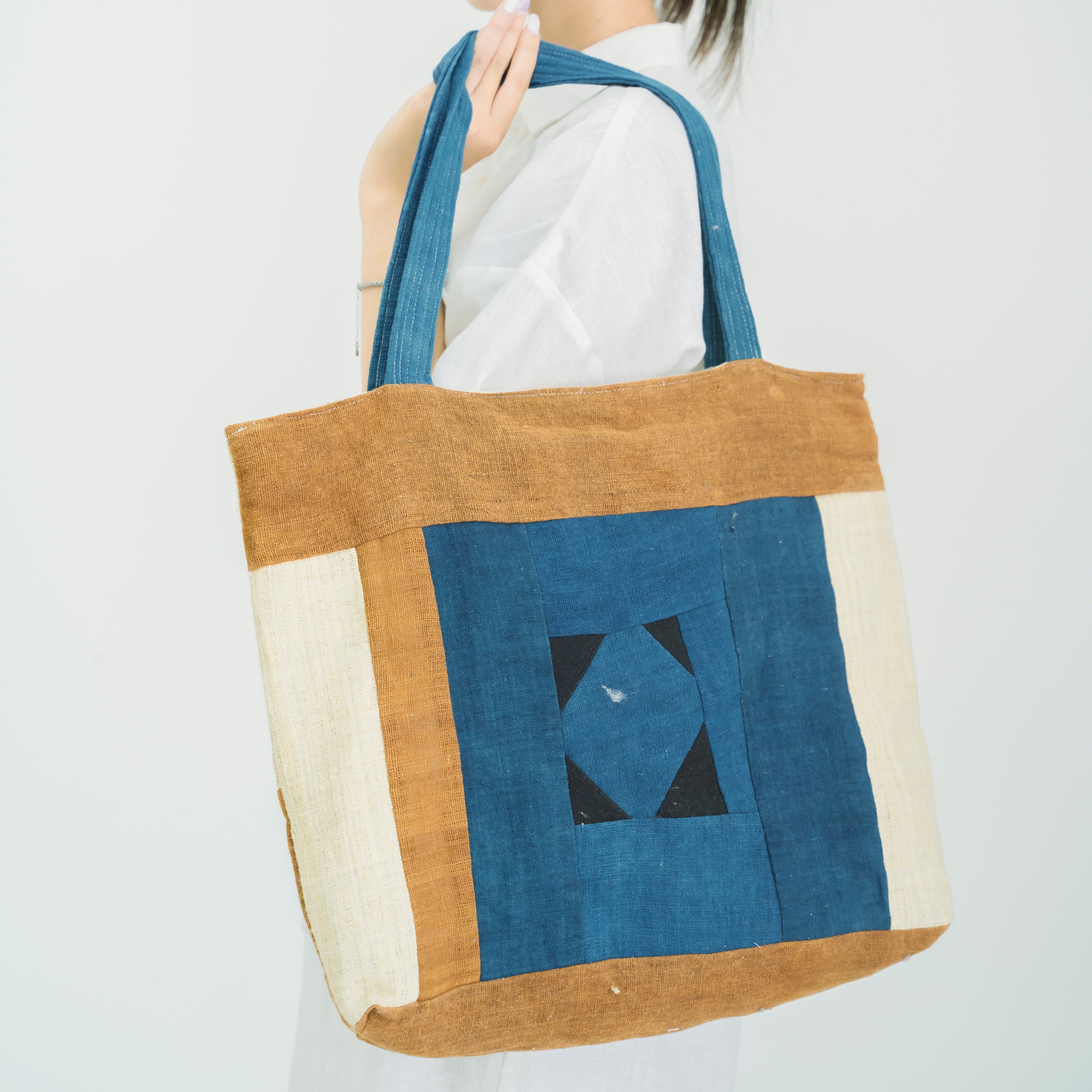 Hmong Earthy Indigo Patchwork Tote Bag - Hand-Sewn Brocade Mosaic - Traditional Hill Tribe Artisan Shoulder Bag