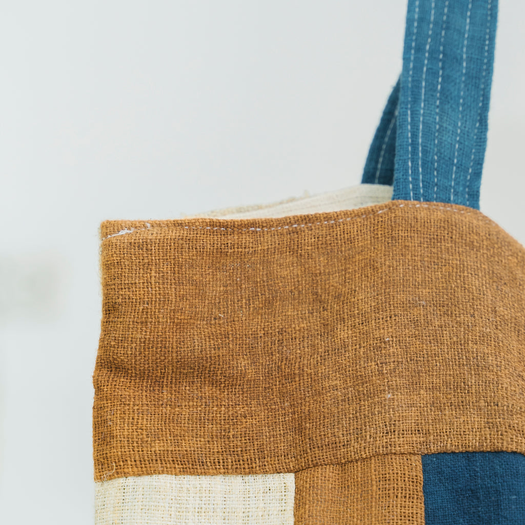 Hmong Earthy Indigo Patchwork Tote Bag - Hand-Sewn Brocade Mosaic - Traditional Hill Tribe Artisan Shoulder Bag